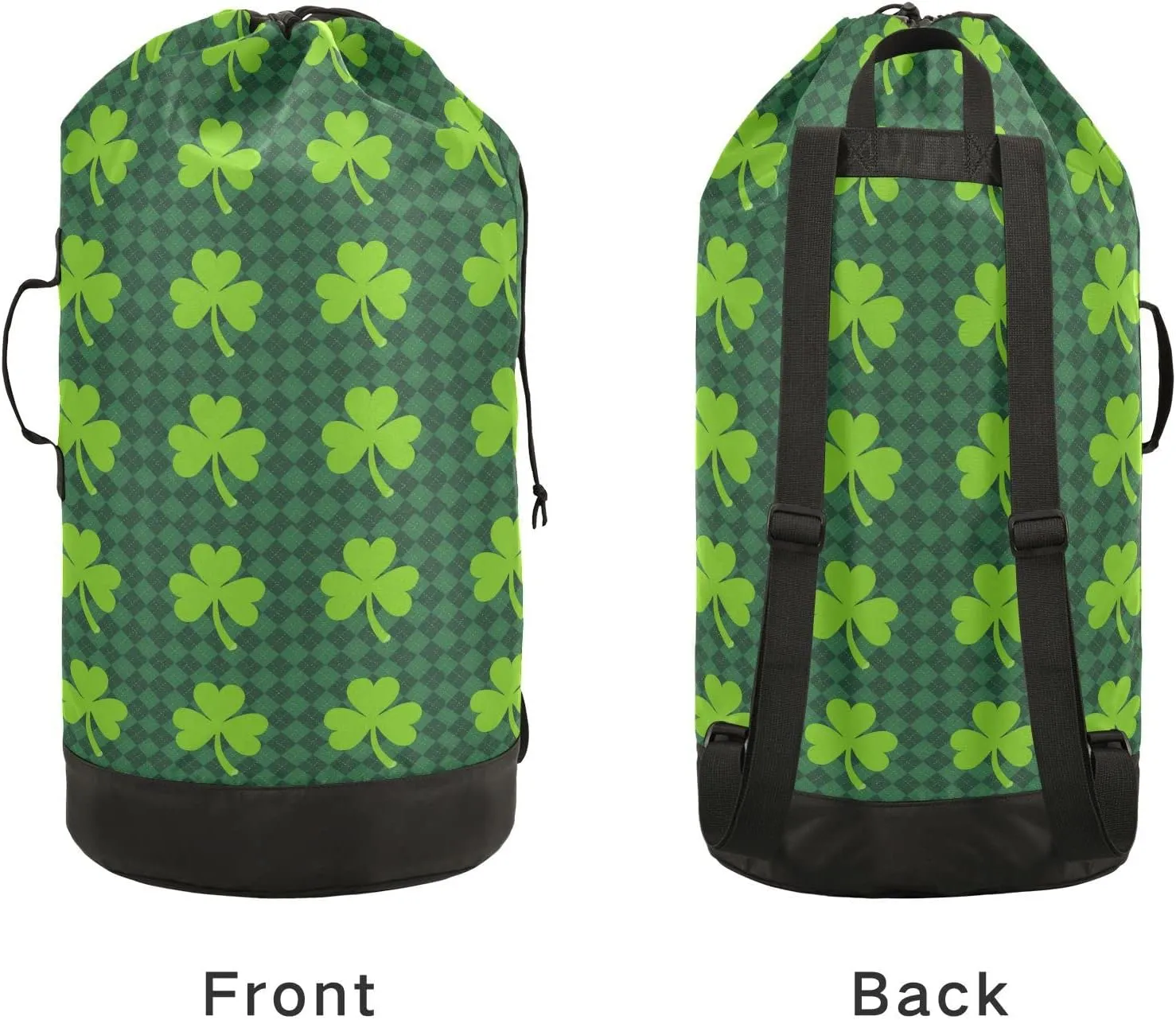 Oyihfvs St Patrick's Day Green Shamrock Clover Lucky on Checker Paid Backpack Laundry Bag, Laundry Backpack with Shoulder Straps, Waterproof Nylon Clothes Hamper Bag for Men Women Yoga Backpack