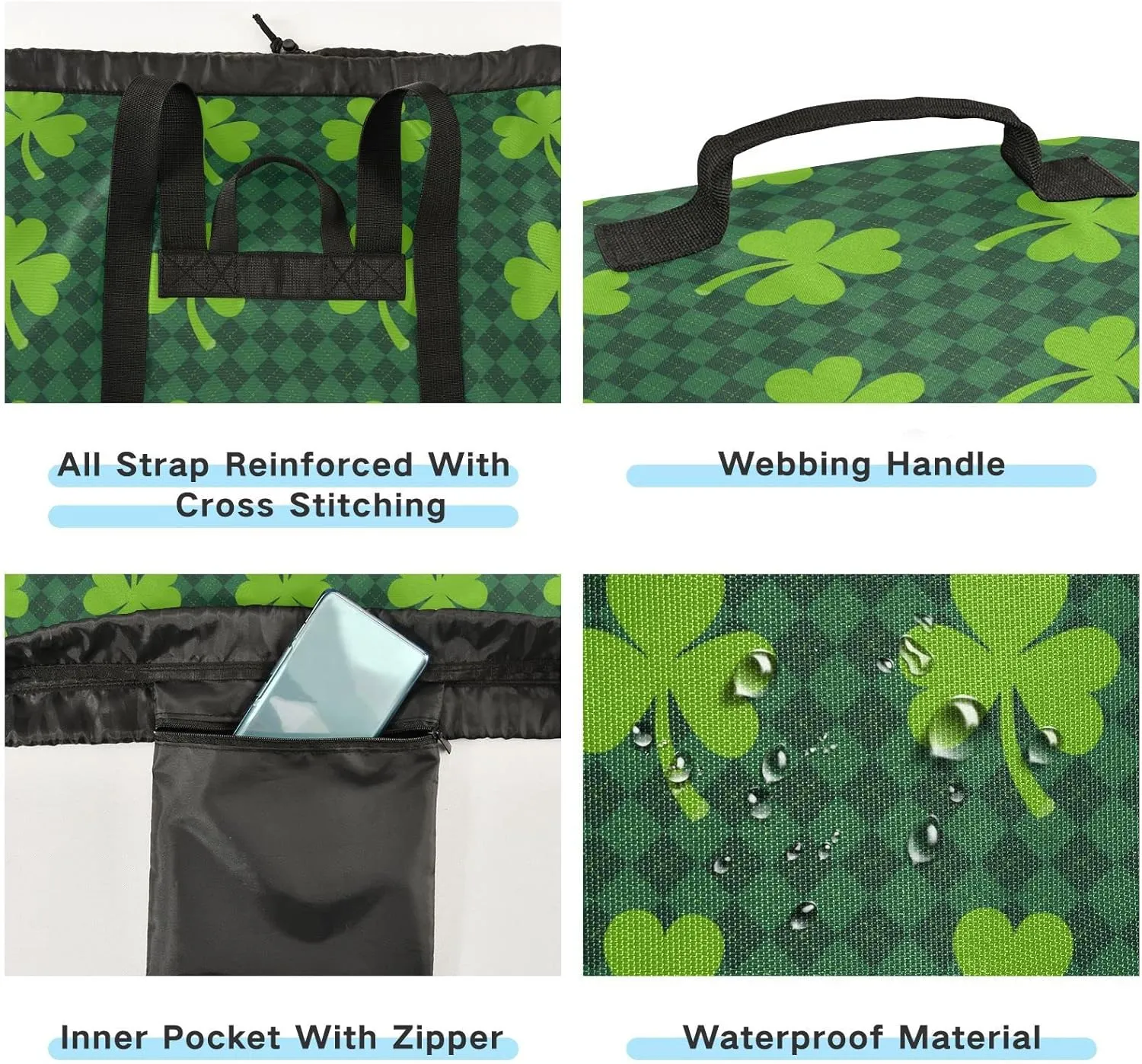 Oyihfvs St Patrick's Day Green Shamrock Clover Lucky on Checker Paid Backpack Laundry Bag, Laundry Backpack with Shoulder Straps, Waterproof Nylon Clothes Hamper Bag for Men Women Yoga Backpack