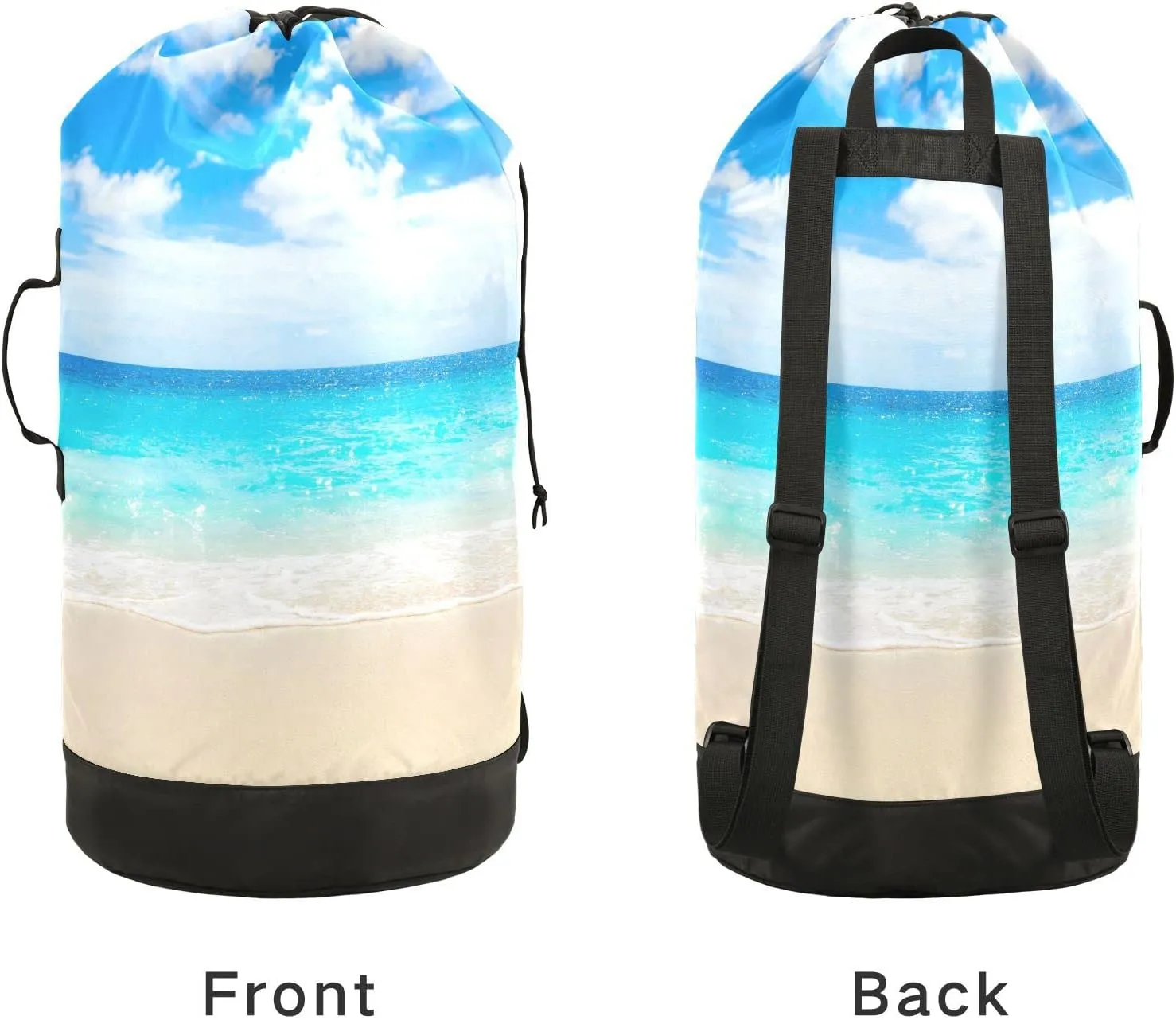Oyihfvs Tropical Beach Sand Sea Blue Sky Turquoise Ocean Water White Cloud Backpack Laundry Bag, Laundry Backpack with Shoulder Straps, Waterproof Nylon Clothes Hamper Bag for Men Women Yoga Backpack