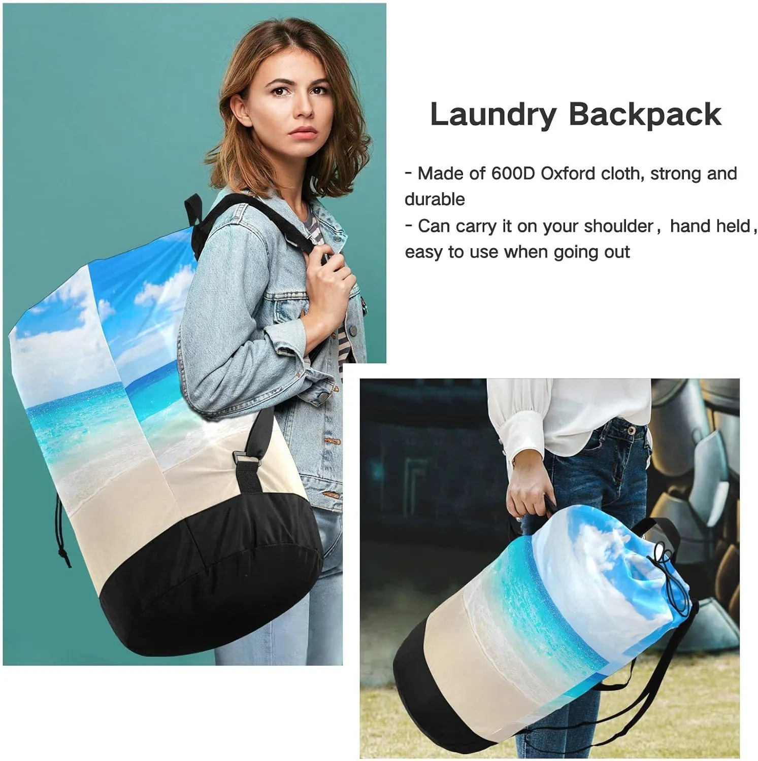 Oyihfvs Tropical Beach Sand Sea Blue Sky Turquoise Ocean Water White Cloud Backpack Laundry Bag, Laundry Backpack with Shoulder Straps, Waterproof Nylon Clothes Hamper Bag for Men Women Yoga Backpack