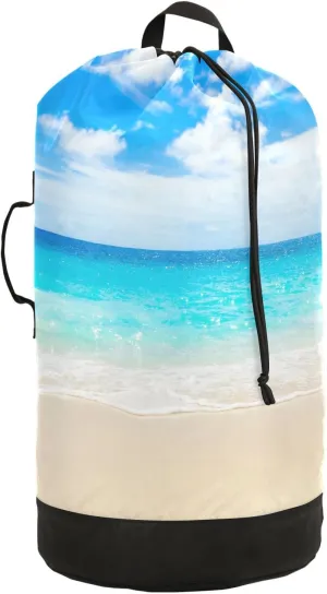Oyihfvs Tropical Beach Sand Sea Blue Sky Turquoise Ocean Water White Cloud Backpack Laundry Bag, Laundry Backpack with Shoulder Straps, Waterproof Nylon Clothes Hamper Bag for Men Women Yoga Backpack