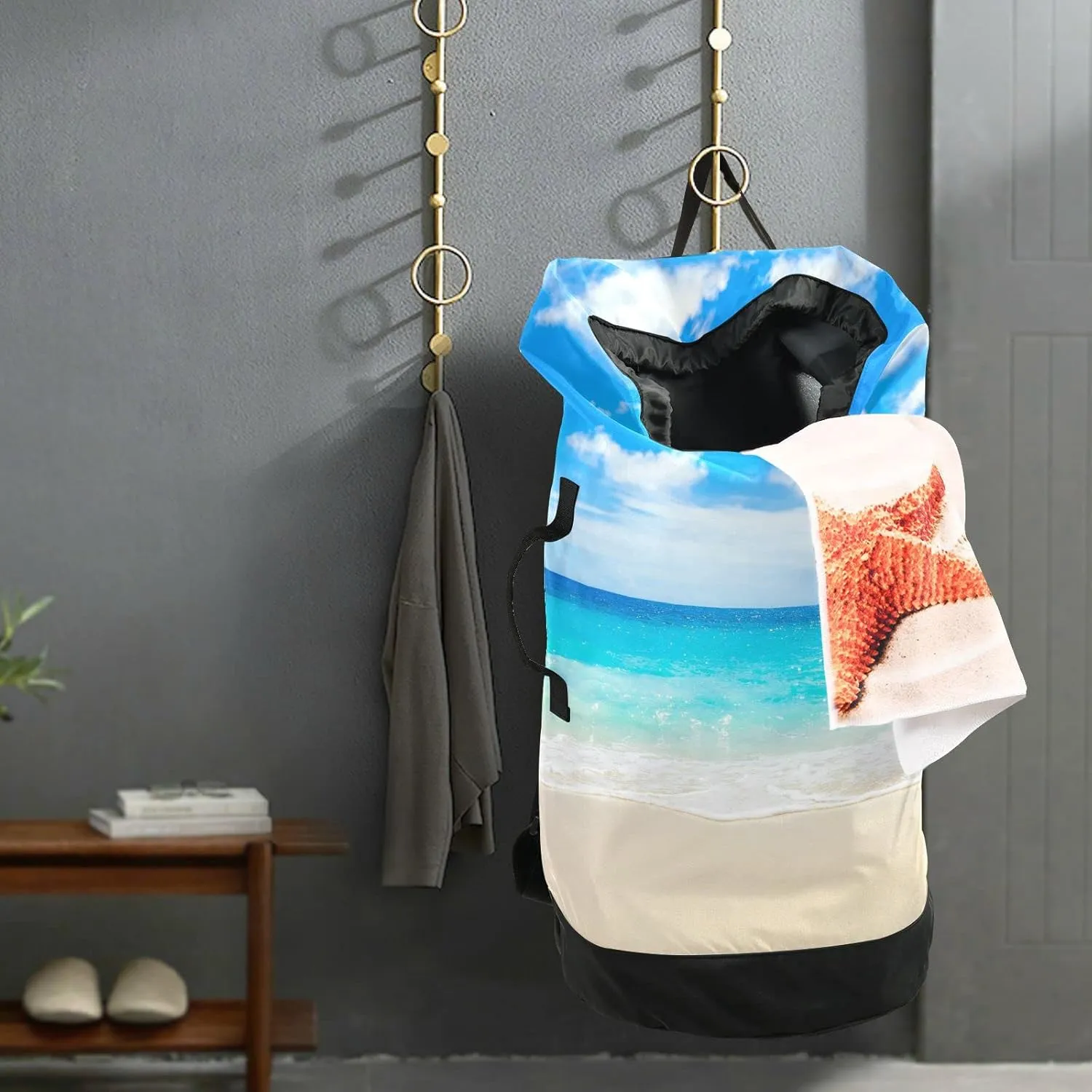 Oyihfvs Tropical Beach Sand Sea Blue Sky Turquoise Ocean Water White Cloud Backpack Laundry Bag, Laundry Backpack with Shoulder Straps, Waterproof Nylon Clothes Hamper Bag for Men Women Yoga Backpack