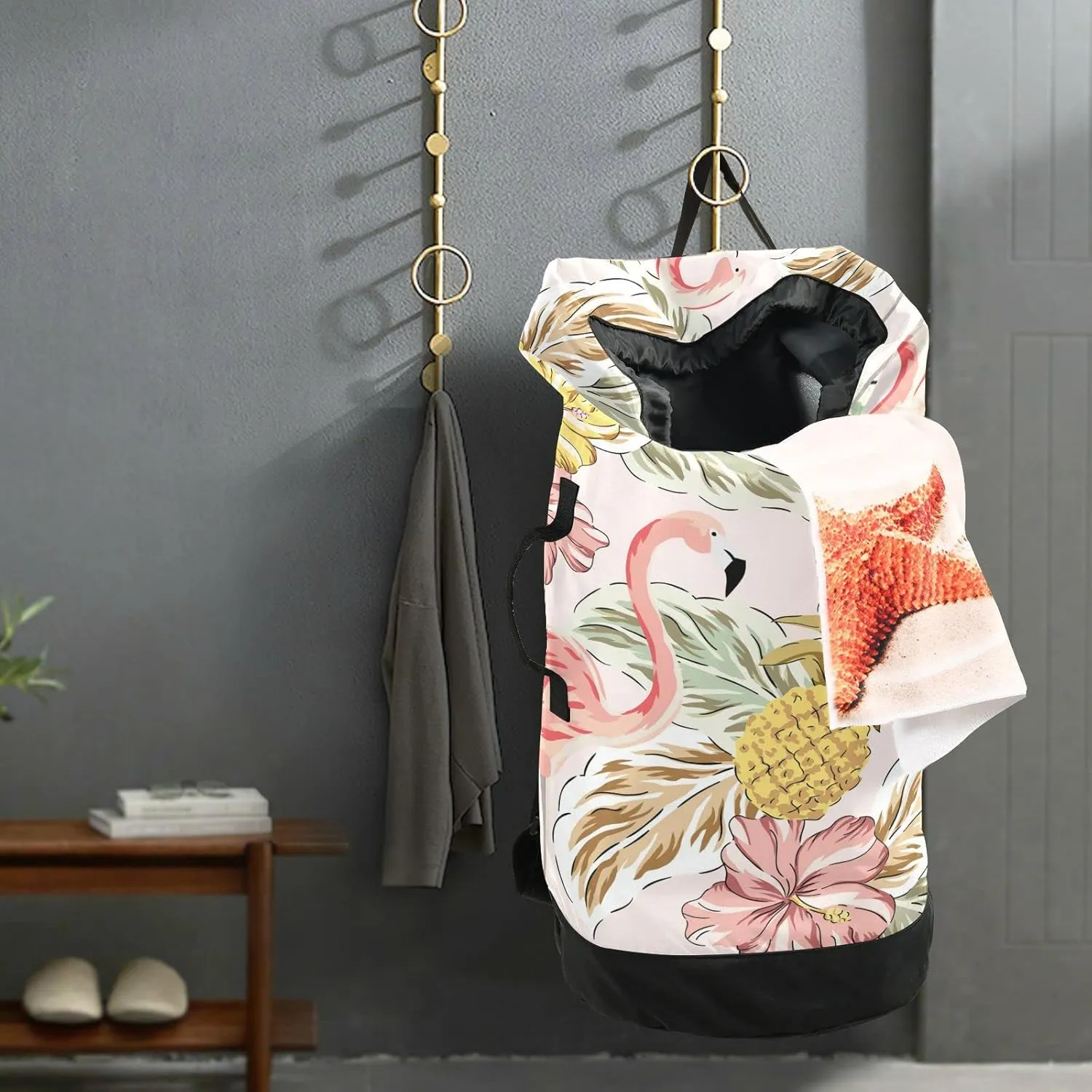 Oyihfvs Tropical Pink Flamingos Pineapples Hibiscus Flowers Palm Leaves Backpack Laundry Bag, Laundry Backpack with Shoulder Straps, Waterproof Nylon Clothes Hamper Bag for Men Women Yoga Backpack