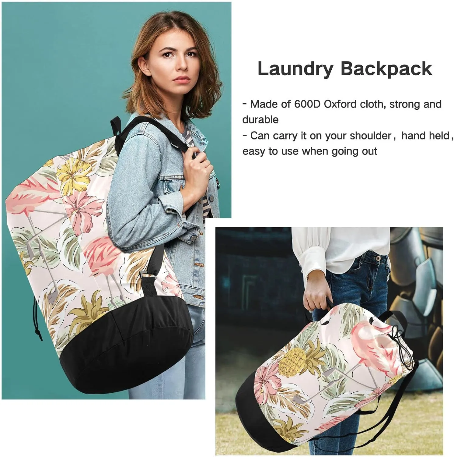 Oyihfvs Tropical Pink Flamingos Pineapples Hibiscus Flowers Palm Leaves Backpack Laundry Bag, Laundry Backpack with Shoulder Straps, Waterproof Nylon Clothes Hamper Bag for Men Women Yoga Backpack