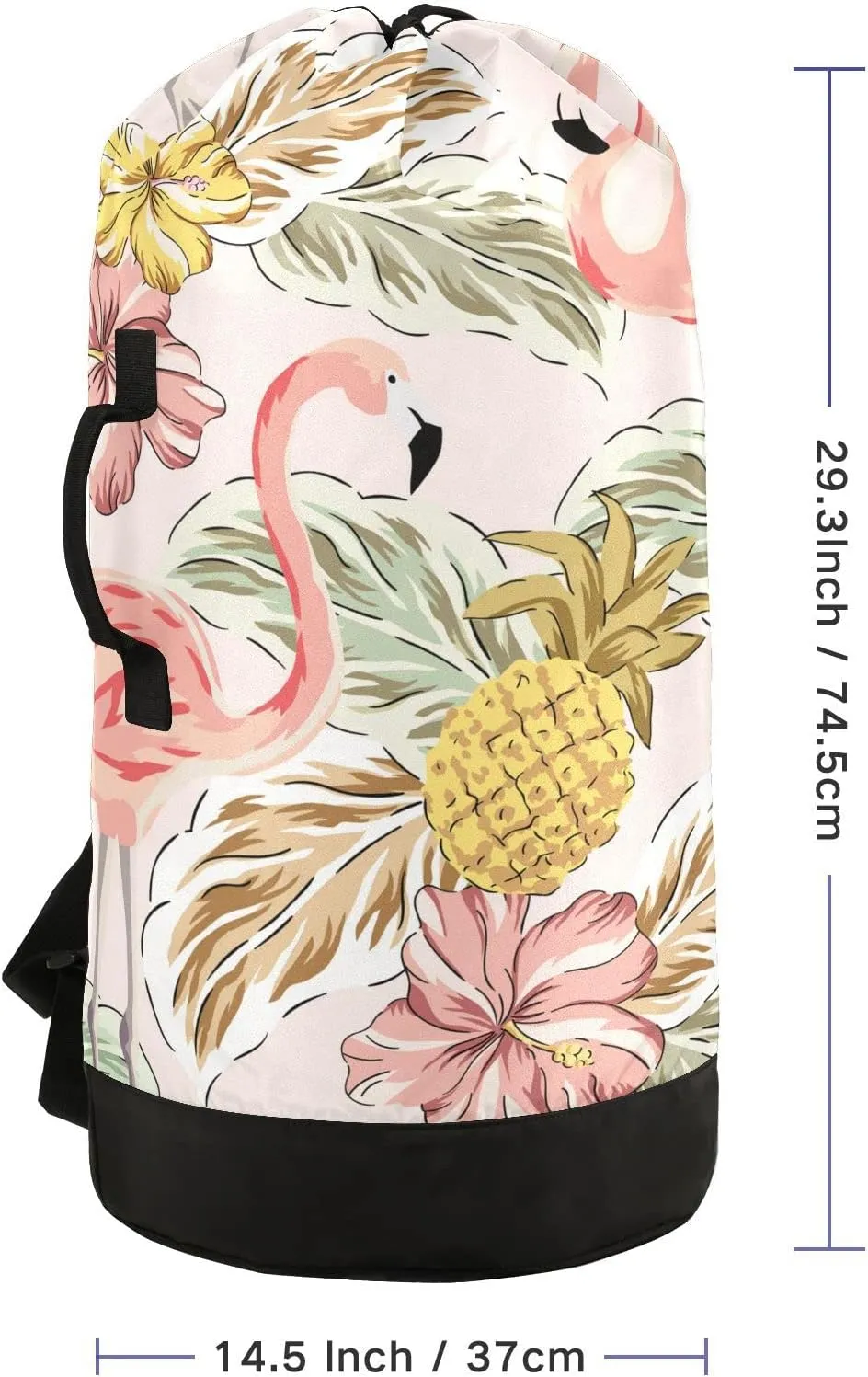 Oyihfvs Tropical Pink Flamingos Pineapples Hibiscus Flowers Palm Leaves Backpack Laundry Bag, Laundry Backpack with Shoulder Straps, Waterproof Nylon Clothes Hamper Bag for Men Women Yoga Backpack