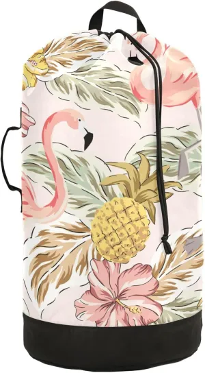 Oyihfvs Tropical Pink Flamingos Pineapples Hibiscus Flowers Palm Leaves Backpack Laundry Bag, Laundry Backpack with Shoulder Straps, Waterproof Nylon Clothes Hamper Bag for Men Women Yoga Backpack