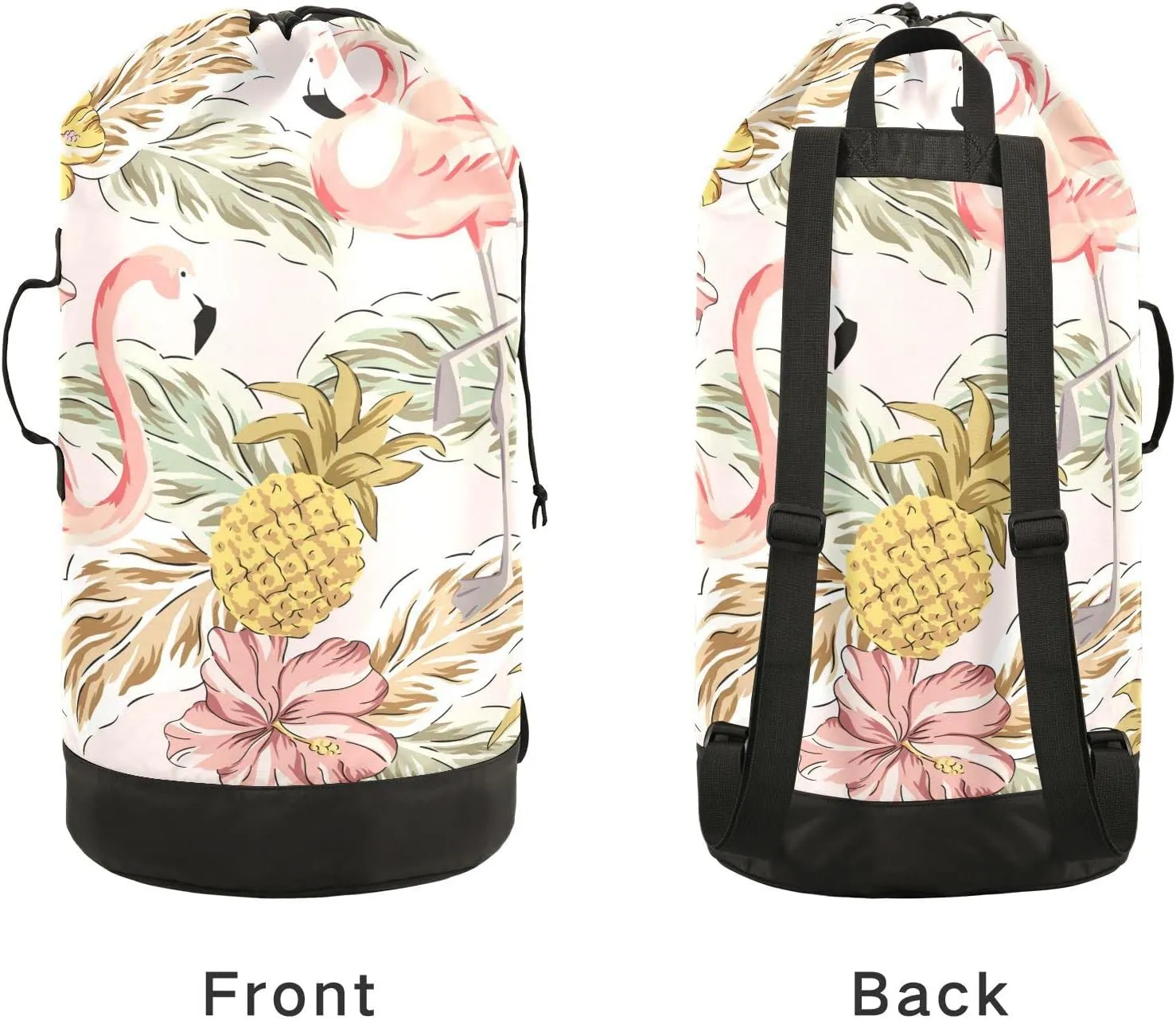 Oyihfvs Tropical Pink Flamingos Pineapples Hibiscus Flowers Palm Leaves Backpack Laundry Bag, Laundry Backpack with Shoulder Straps, Waterproof Nylon Clothes Hamper Bag for Men Women Yoga Backpack