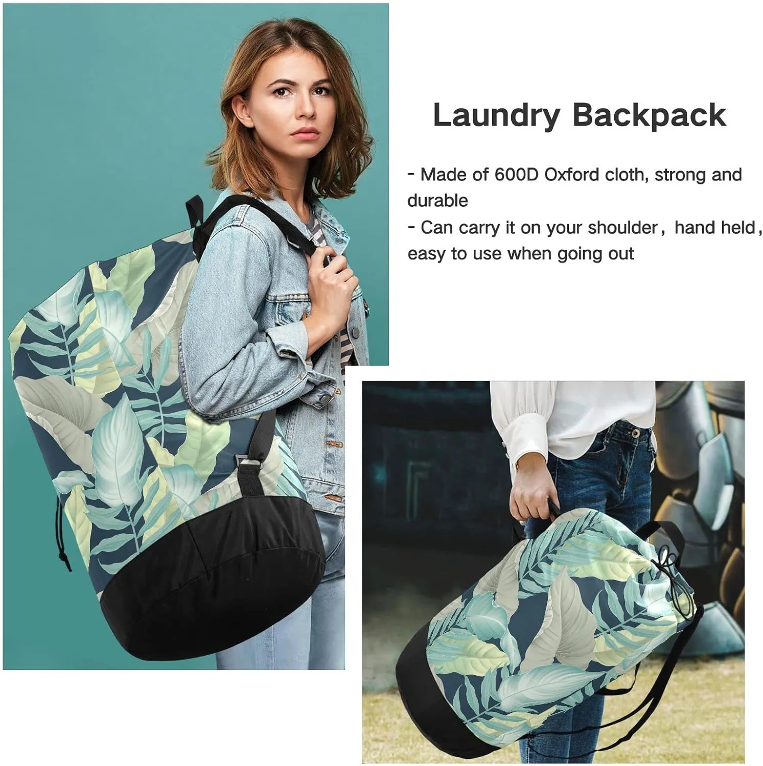 Oyihfvs Turquoise Yellow Grey Tropical Palm and Matte Leaves on Dark Blue Backpack Laundry Bag, Laundry Backpack with Shoulder Straps, Waterproof Nylon Clothes Hamper Bag for Men Women Yoga Backpack
