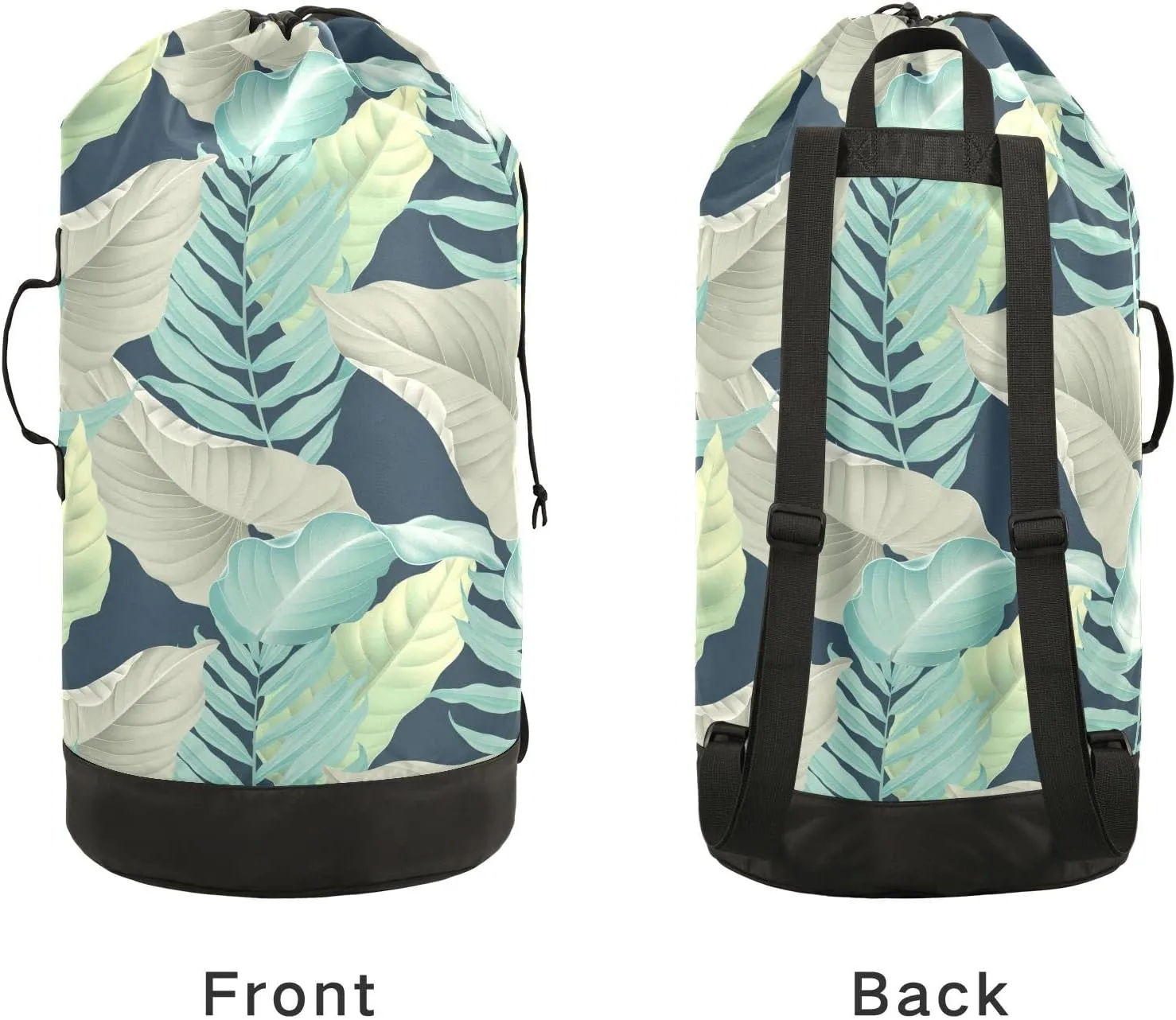 Oyihfvs Turquoise Yellow Grey Tropical Palm and Matte Leaves on Dark Blue Backpack Laundry Bag, Laundry Backpack with Shoulder Straps, Waterproof Nylon Clothes Hamper Bag for Men Women Yoga Backpack