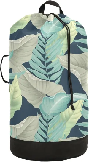 Oyihfvs Turquoise Yellow Grey Tropical Palm and Matte Leaves on Dark Blue Backpack Laundry Bag, Laundry Backpack with Shoulder Straps, Waterproof Nylon Clothes Hamper Bag for Men Women Yoga Backpack