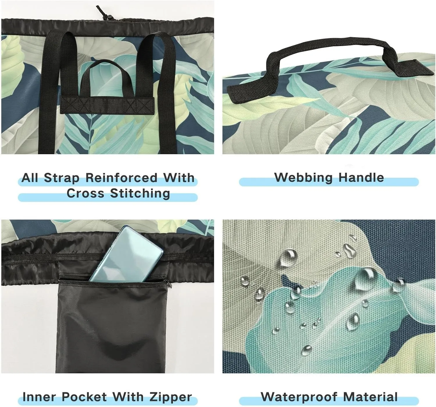 Oyihfvs Turquoise Yellow Grey Tropical Palm and Matte Leaves on Dark Blue Backpack Laundry Bag, Laundry Backpack with Shoulder Straps, Waterproof Nylon Clothes Hamper Bag for Men Women Yoga Backpack