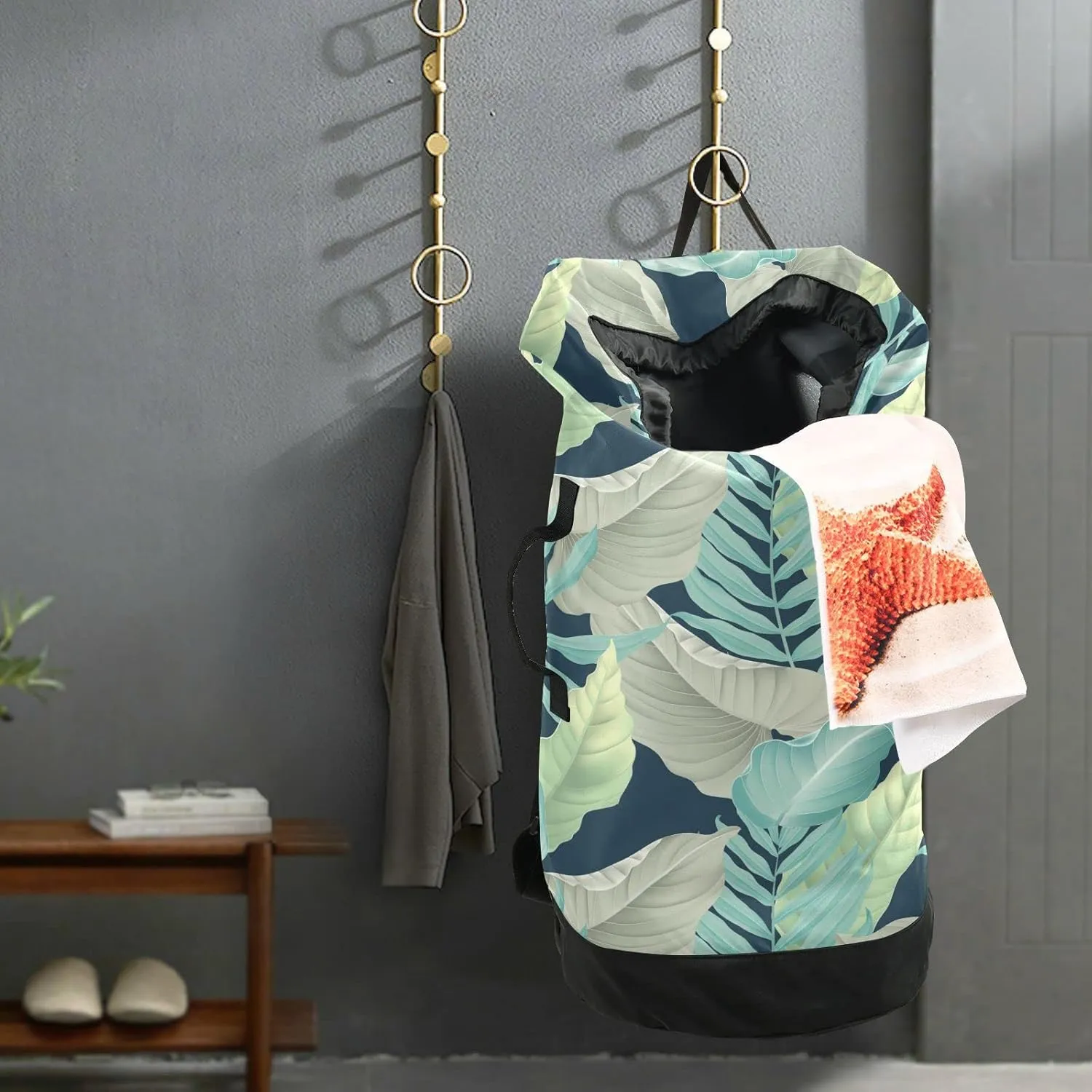 Oyihfvs Turquoise Yellow Grey Tropical Palm and Matte Leaves on Dark Blue Backpack Laundry Bag, Laundry Backpack with Shoulder Straps, Waterproof Nylon Clothes Hamper Bag for Men Women Yoga Backpack