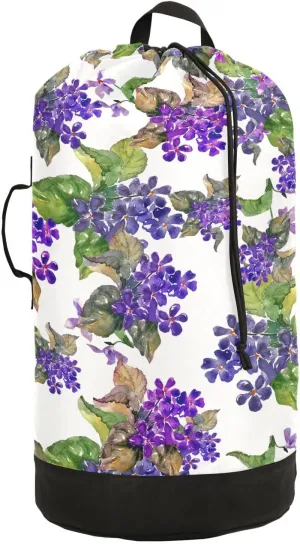 Oyihfvs Violas Seamless Purple Flowers with Leaves on White Backpack Laundry Bag, Laundry Backpack with Shoulder Straps, Waterproof Nylon Clothes Hamper Bag for Men Women Yoga Backpack