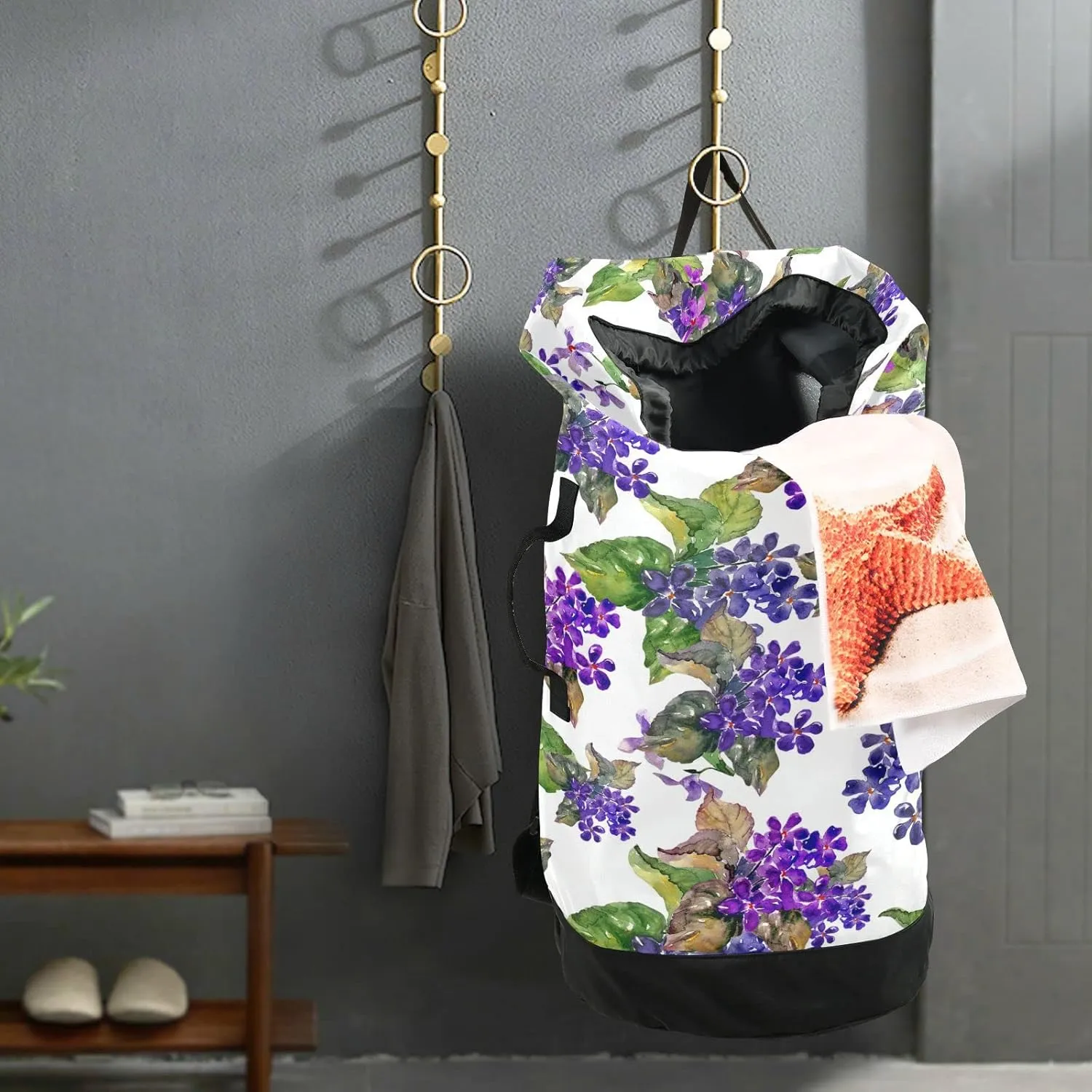 Oyihfvs Violas Seamless Purple Flowers with Leaves on White Backpack Laundry Bag, Laundry Backpack with Shoulder Straps, Waterproof Nylon Clothes Hamper Bag for Men Women Yoga Backpack