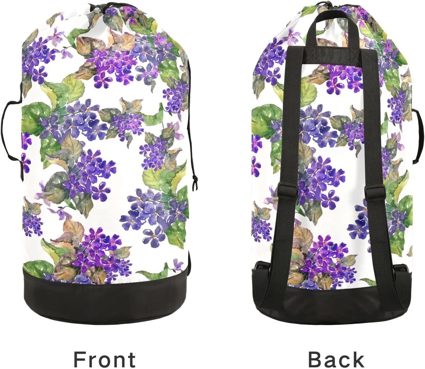 Oyihfvs Violas Seamless Purple Flowers with Leaves on White Backpack Laundry Bag, Laundry Backpack with Shoulder Straps, Waterproof Nylon Clothes Hamper Bag for Men Women Yoga Backpack