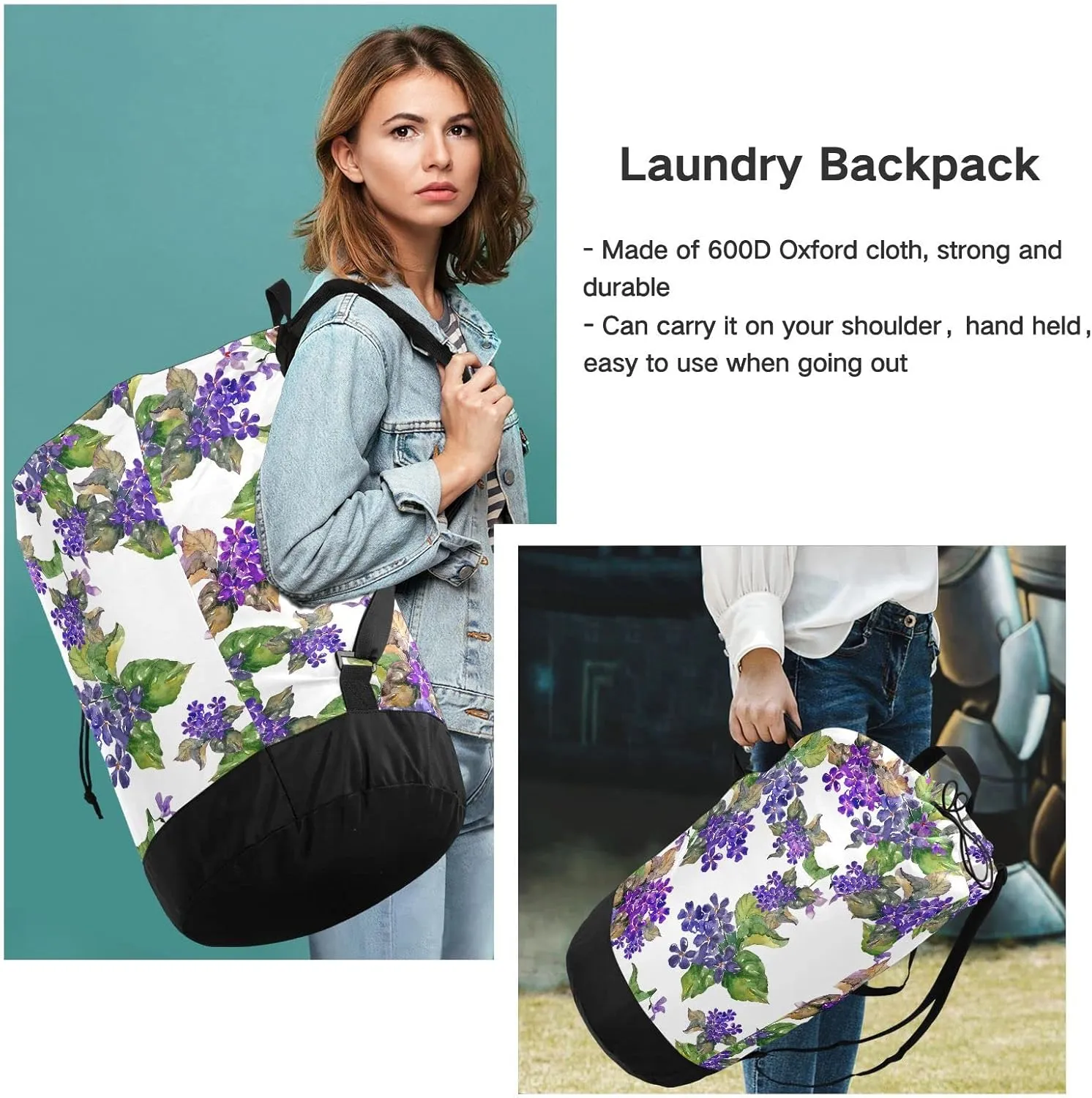 Oyihfvs Violas Seamless Purple Flowers with Leaves on White Backpack Laundry Bag, Laundry Backpack with Shoulder Straps, Waterproof Nylon Clothes Hamper Bag for Men Women Yoga Backpack