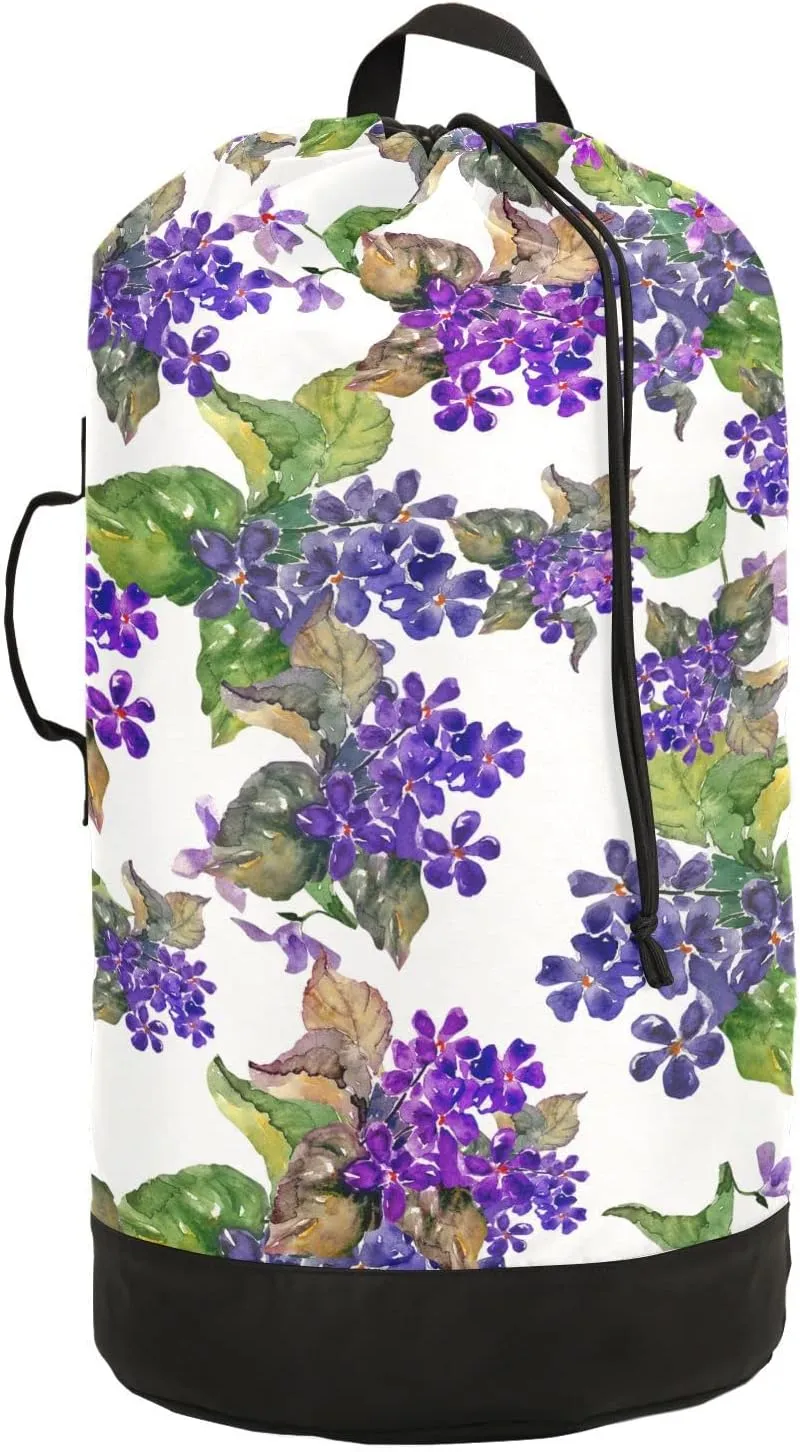 Oyihfvs Violas Seamless Purple Flowers with Leaves on White Backpack Laundry Bag, Laundry Backpack with Shoulder Straps, Waterproof Nylon Clothes Hamper Bag for Men Women Yoga Backpack