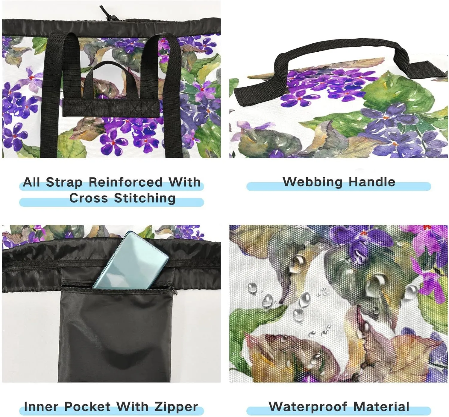 Oyihfvs Violas Seamless Purple Flowers with Leaves on White Backpack Laundry Bag, Laundry Backpack with Shoulder Straps, Waterproof Nylon Clothes Hamper Bag for Men Women Yoga Backpack