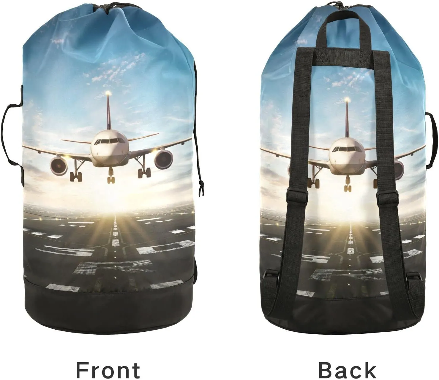 Oyihfvs White Aircraft Take Off Runway in Daylight Sunrise Backpack Laundry Bag, Laundry Backpack with Shoulder Straps, Waterproof Nylon Clothes Hamper Bag for Men Women Yoga Backpack
