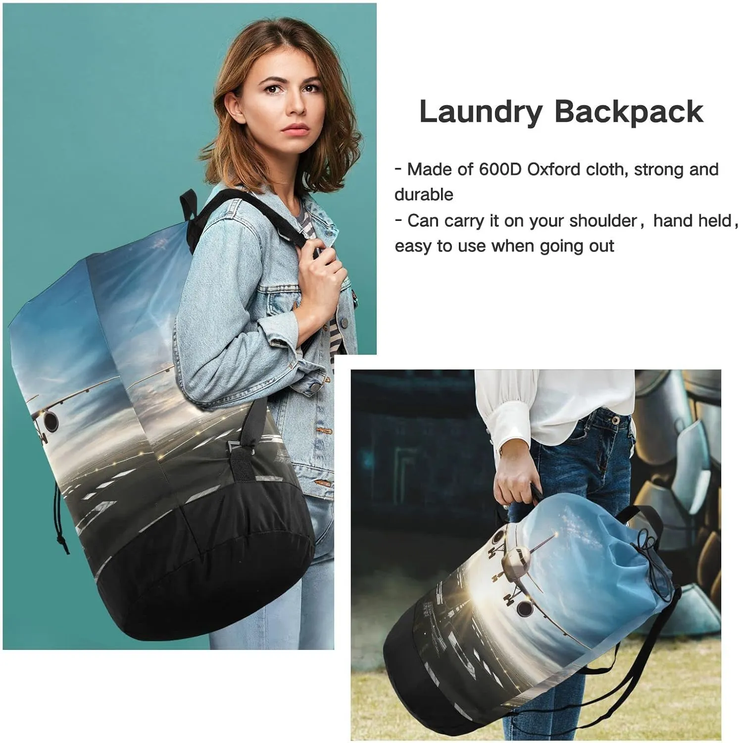 Oyihfvs White Aircraft Take Off Runway in Daylight Sunrise Backpack Laundry Bag, Laundry Backpack with Shoulder Straps, Waterproof Nylon Clothes Hamper Bag for Men Women Yoga Backpack