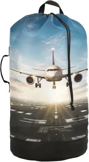 Oyihfvs White Aircraft Take Off Runway in Daylight Sunrise Backpack Laundry Bag, Laundry Backpack with Shoulder Straps, Waterproof Nylon Clothes Hamper Bag for Men Women Yoga Backpack