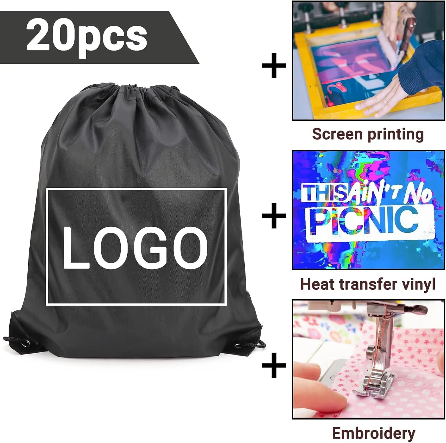 Pack of 20 Black Drawstring Backpack, 13x17 Inch Polyester Large Capacity Non-nylon Sport Cinch Bags, Bulk Draw String Sackpack Sport Storage Bags for Outdoor Activity Gym Trip