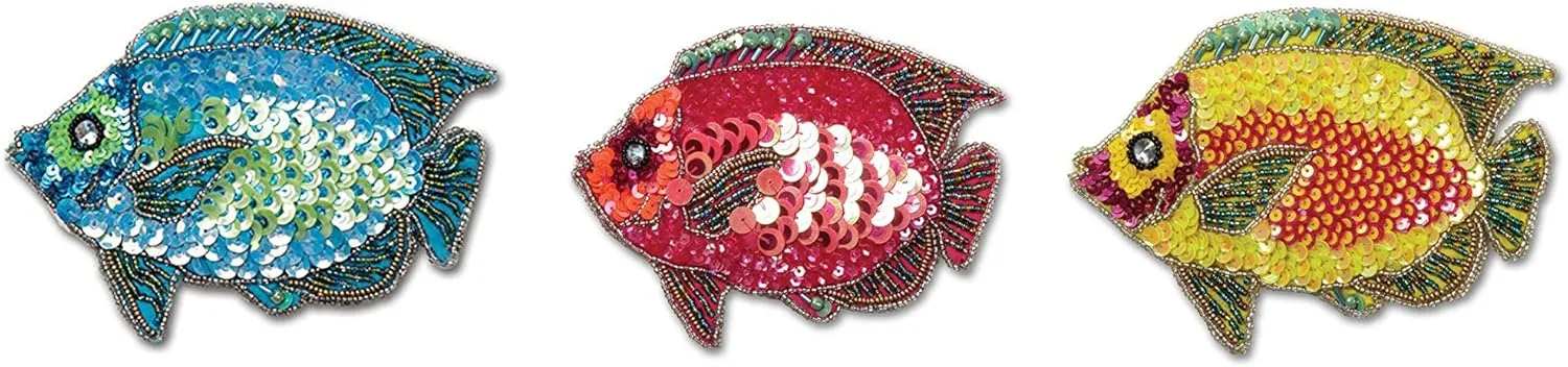 Pack of 3 Sequined and Beaded Fish Coin Purse in Fuchsia, Yellow and Turquoise (colors may vary)