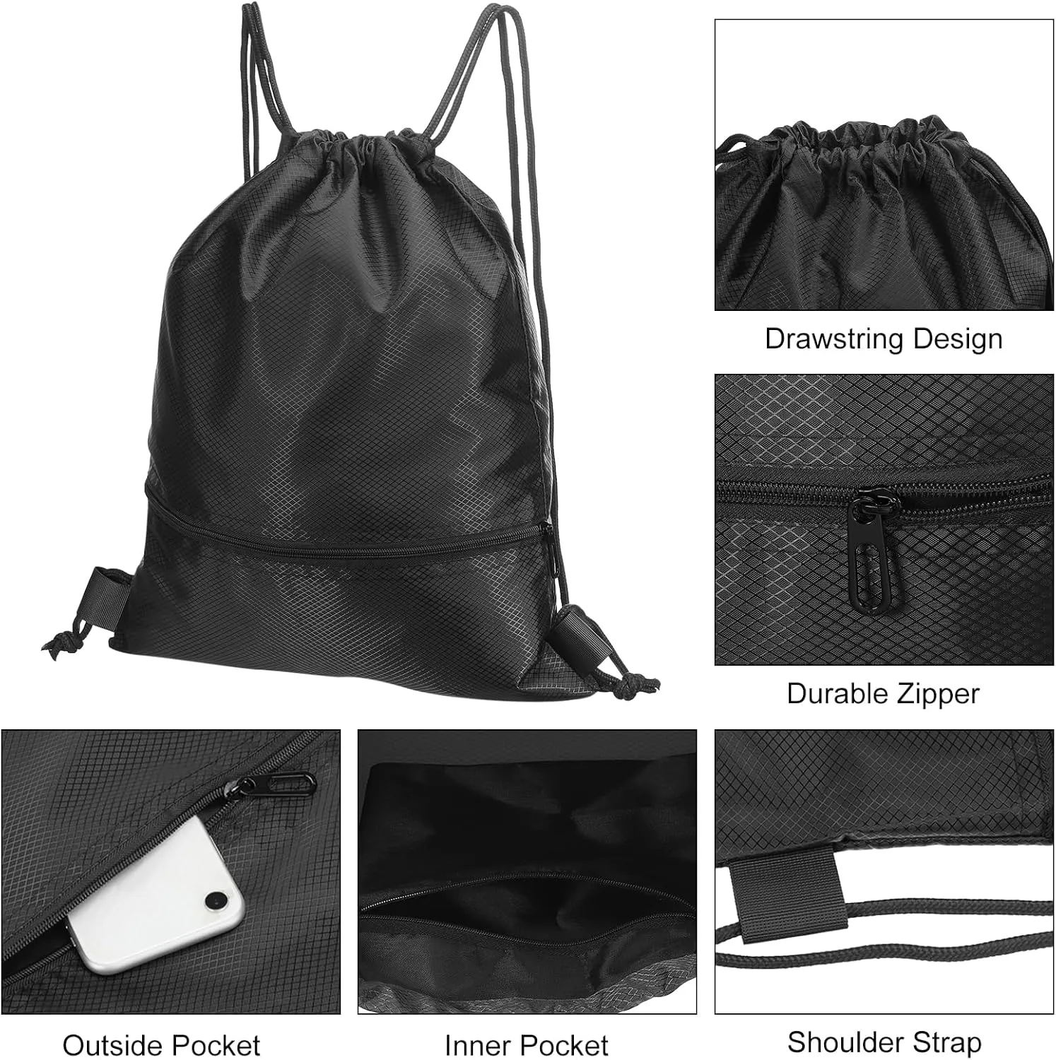PATIKIL Drawstring Backpack Bag, Drawstring Gym Bags String Backpack with Zip Pocket for Women Men, Black
