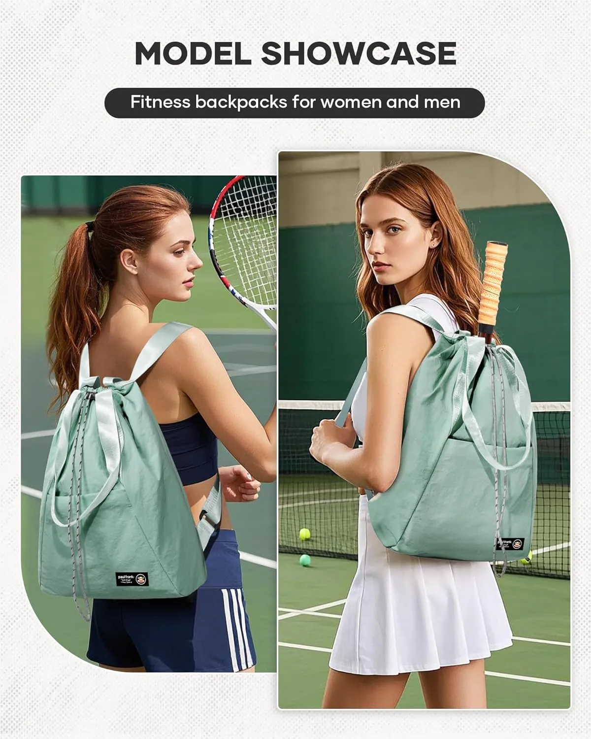 Paul Frank Tennis Bag,Tennis Pickleball Backpack For Women,Pickleball Bag,Gym Bags For Men Drawstring Backpack Holds 2 Rackets Grey Green