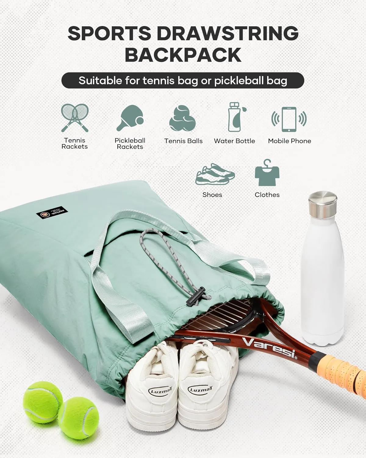Paul Frank Tennis Bag,Tennis Pickleball Backpack For Women,Pickleball Bag,Gym Bags For Men Drawstring Backpack Holds 2 Rackets Grey Green
