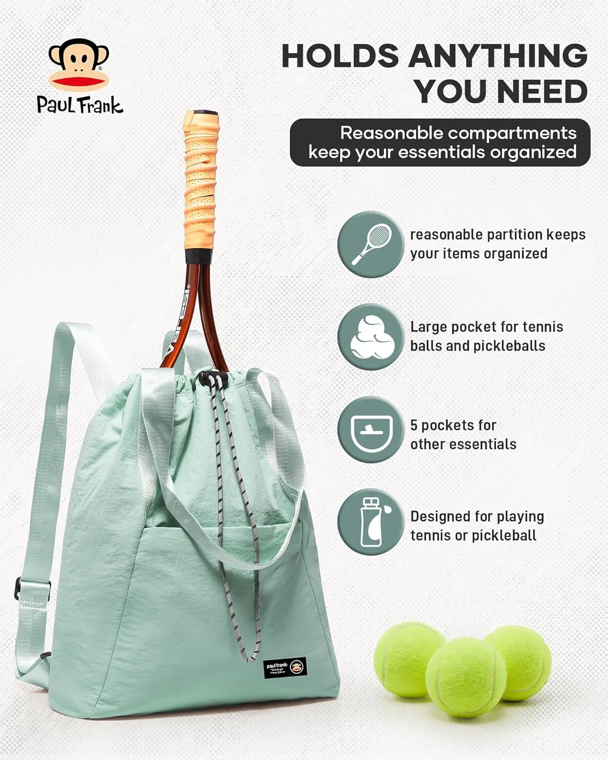 Paul Frank Tennis Bag,Tennis Pickleball Backpack For Women,Pickleball Bag,Gym Bags For Men Drawstring Backpack Holds 2 Rackets Grey Green