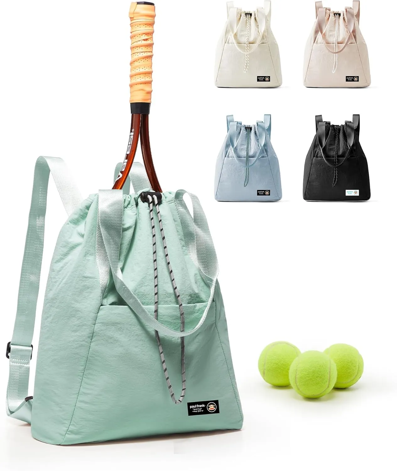 Paul Frank Tennis Bag,Tennis Pickleball Backpack For Women,Pickleball Bag,Gym Bags For Men Drawstring Backpack Holds 2 Rackets Grey Green