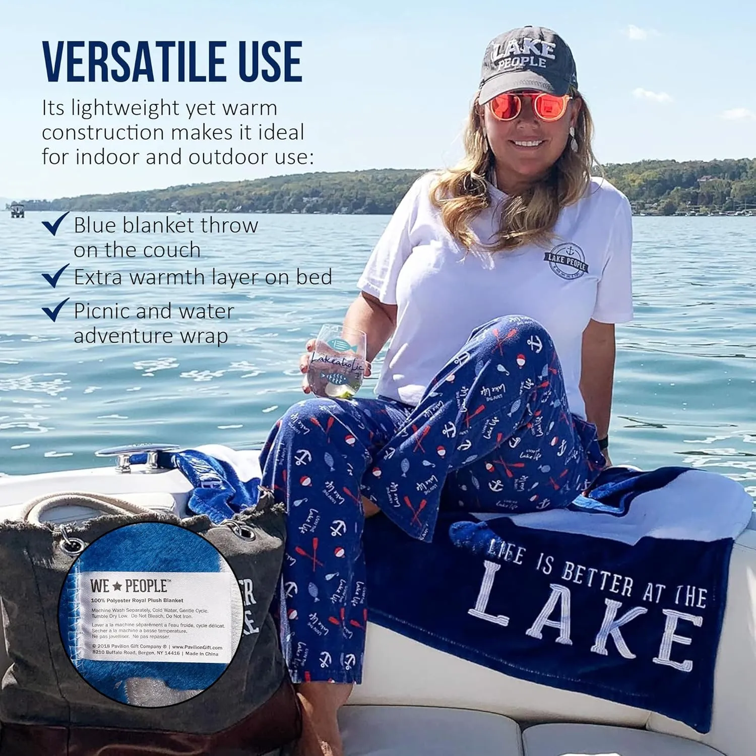 Pavilion Gift Company Life is Better at The Lake-Blue & White Super Soft 50 x 60 Inch Striped Throw Embroidered Text 50" x 60" Royal Plush Blanket