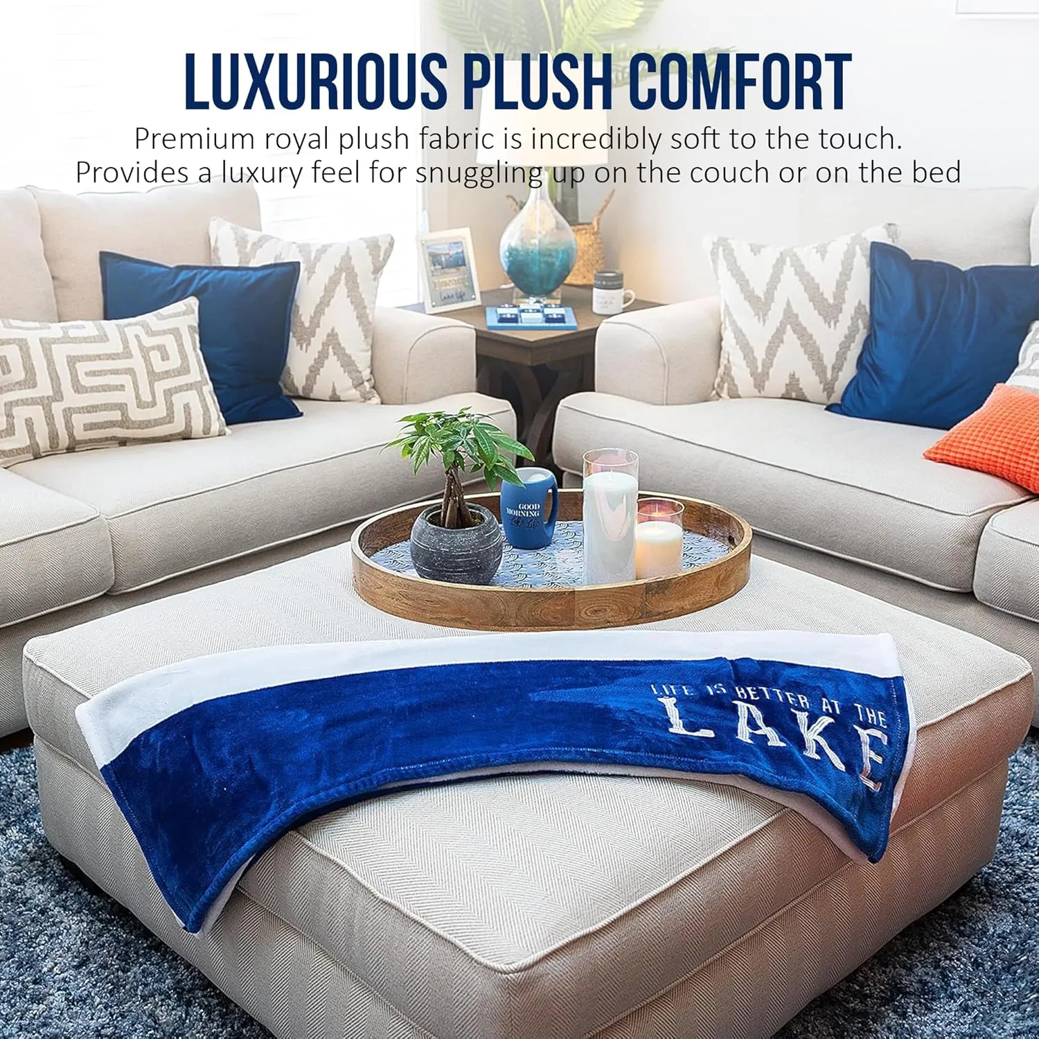 Pavilion Gift Company Life is Better at The Lake-Blue & White Super Soft 50 x 60 Inch Striped Throw Embroidered Text 50" x 60" Royal Plush Blanket