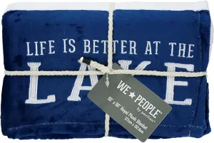 Pavilion Gift Company Life is Better at The Lake-Blue & White Super Soft 50 x 60 Inch Striped Throw Embroidered Text 50" x 60" Royal Plush Blanket