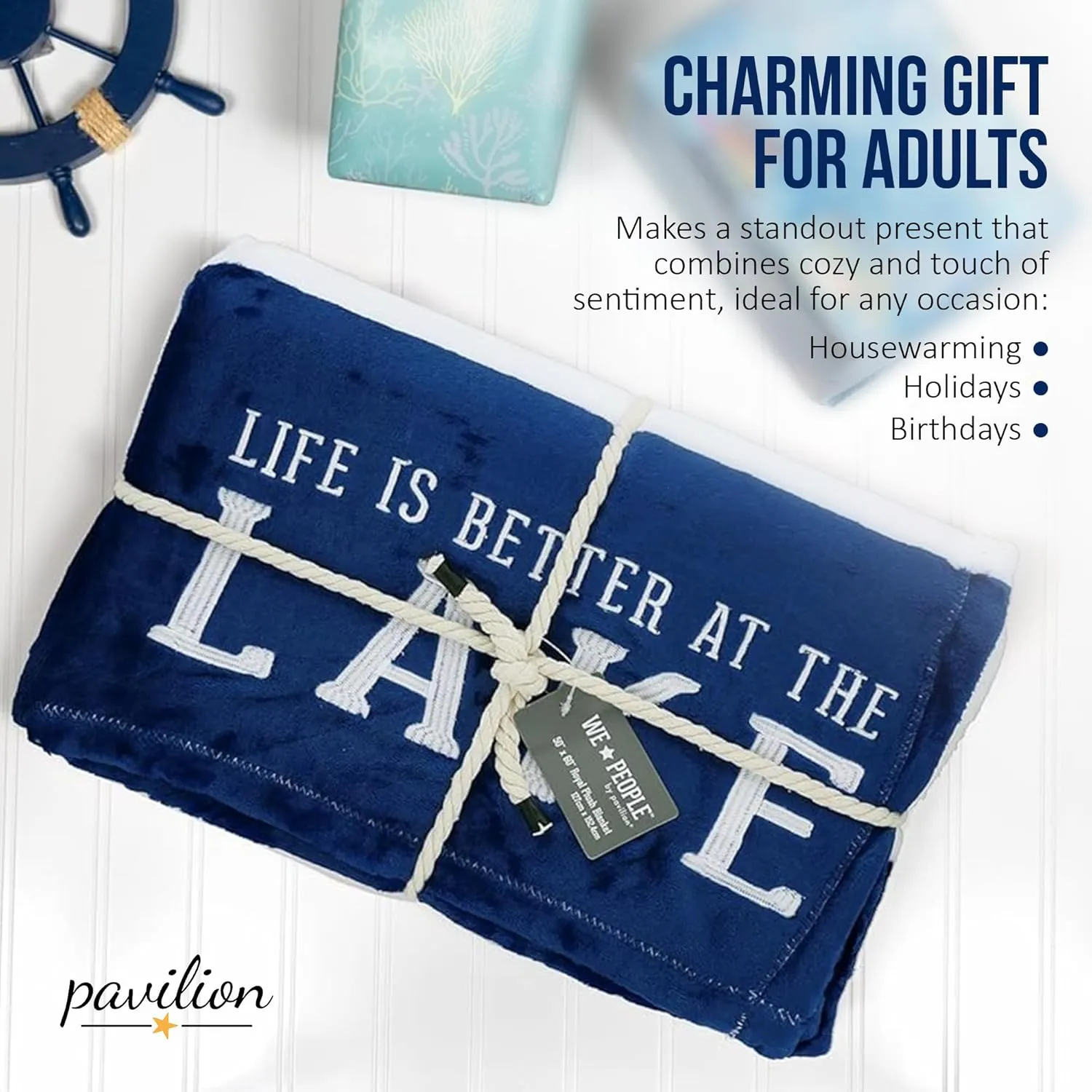 Pavilion Gift Company Life is Better at The Lake-Blue & White Super Soft 50 x 60 Inch Striped Throw Embroidered Text 50" x 60" Royal Plush Blanket