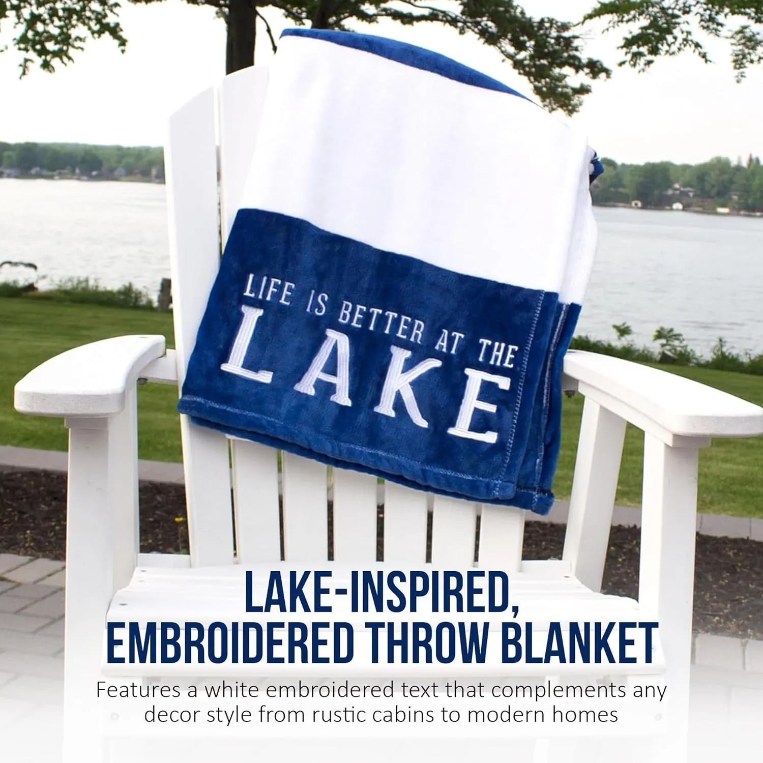 Pavilion Gift Company Life is Better at The Lake-Blue & White Super Soft 50 x 60 Inch Striped Throw Embroidered Text 50" x 60" Royal Plush Blanket