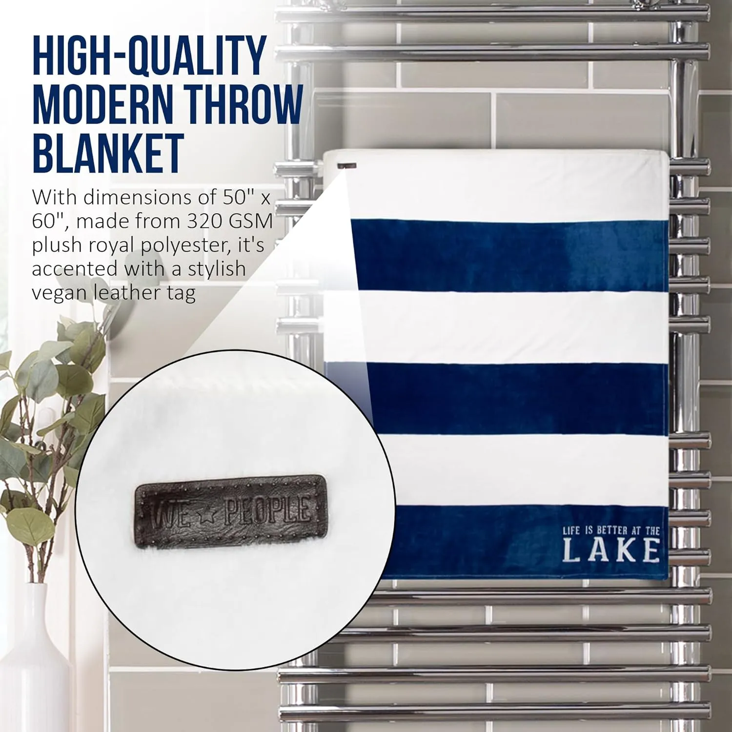 Pavilion Gift Company Life is Better at The Lake-Blue & White Super Soft 50 x 60 Inch Striped Throw Embroidered Text 50" x 60" Royal Plush Blanket