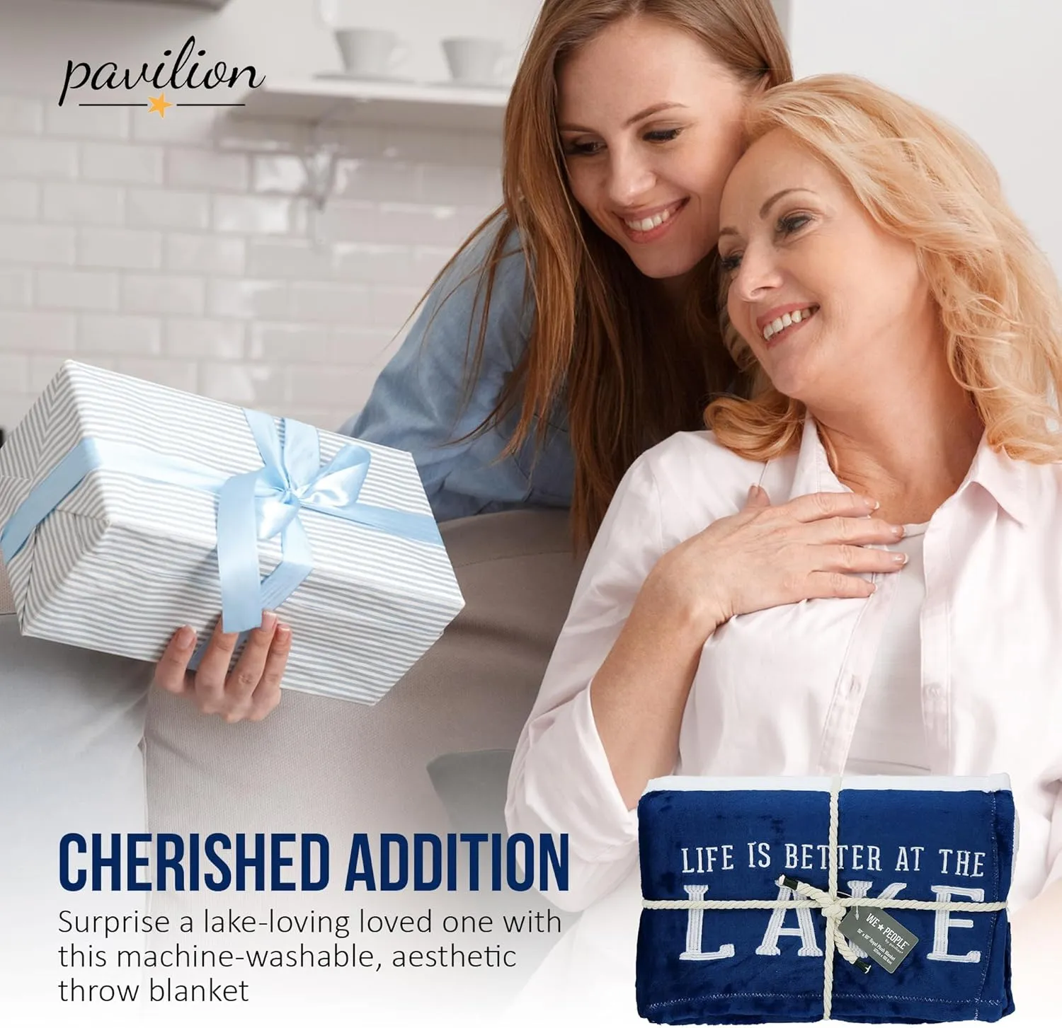Pavilion Gift Company Life is Better at The Lake-Blue & White Super Soft 50 x 60 Inch Striped Throw Embroidered Text 50" x 60" Royal Plush Blanket