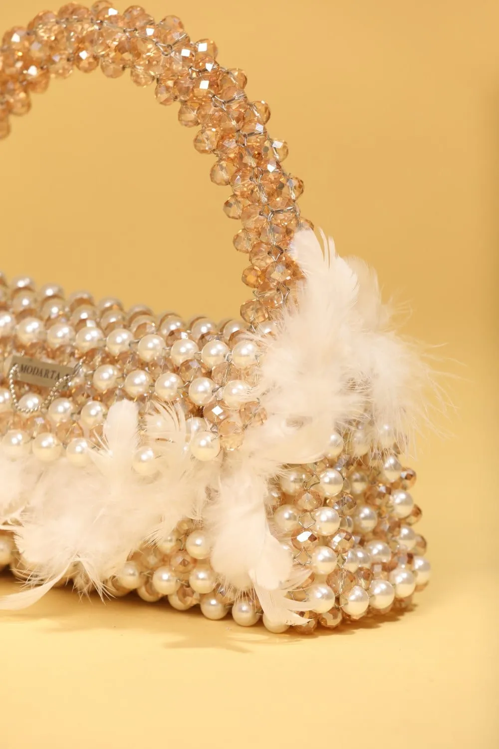 Pearl Beaded Bag Decorated With Feathers