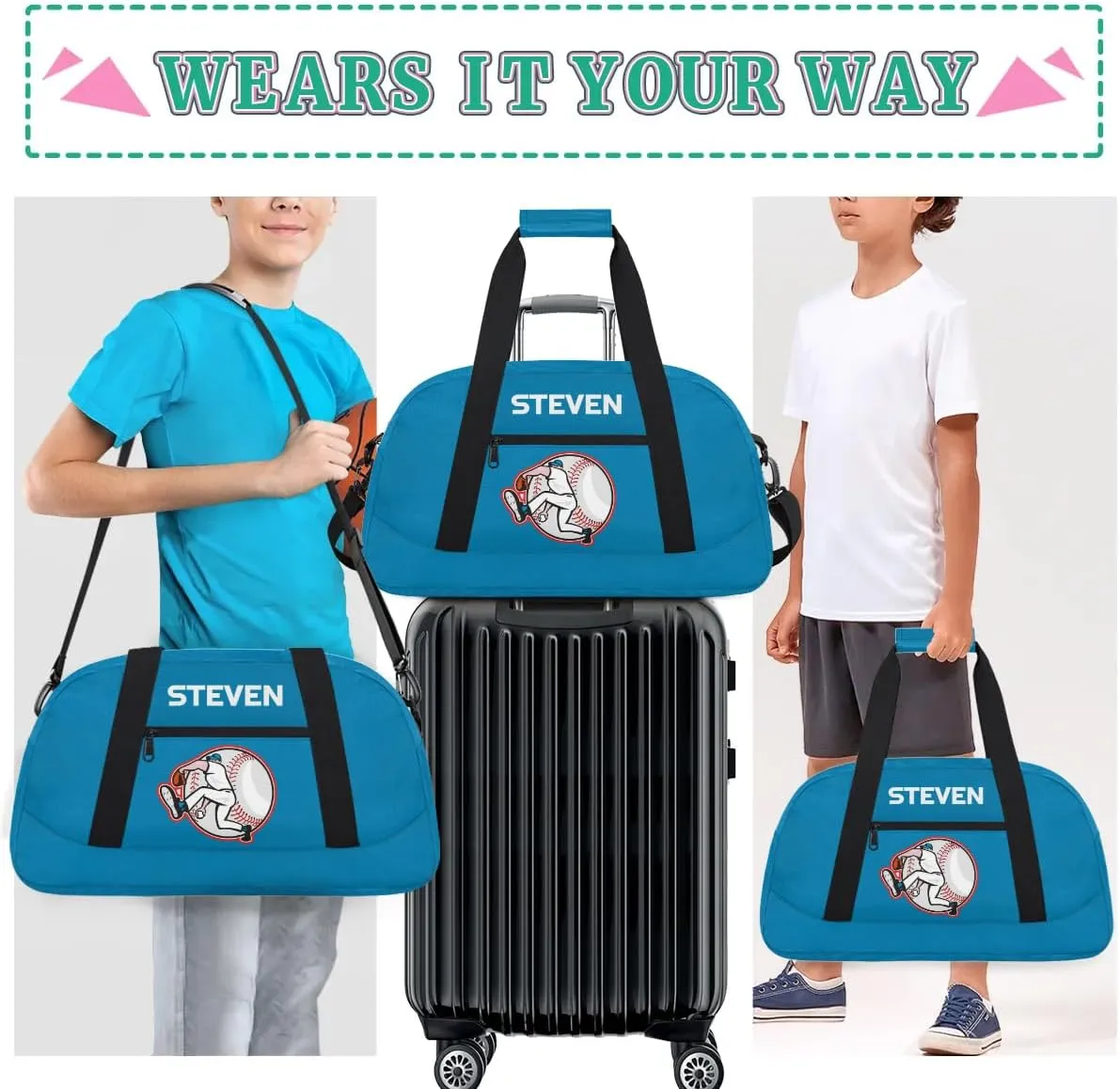 Personalized Baseball Gym Duffel Bags for Boys Kids Child Custom Name Sport Travel Bags Lightweight Weekenders Carry-On Overnight 3