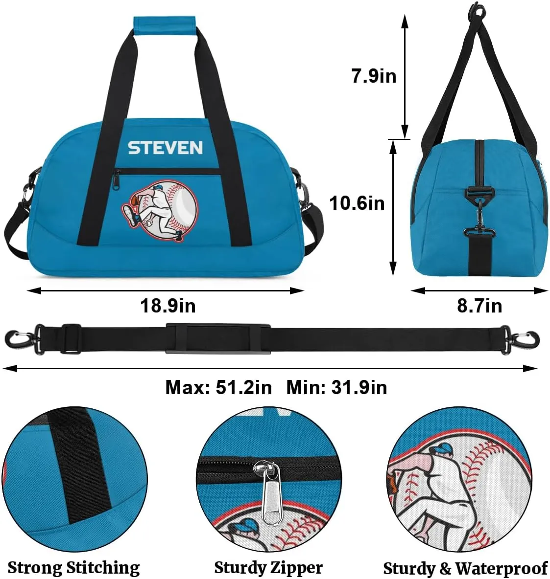 Personalized Baseball Gym Duffel Bags for Boys Kids Child Custom Name Sport Travel Bags Lightweight Weekenders Carry-On Overnight 3