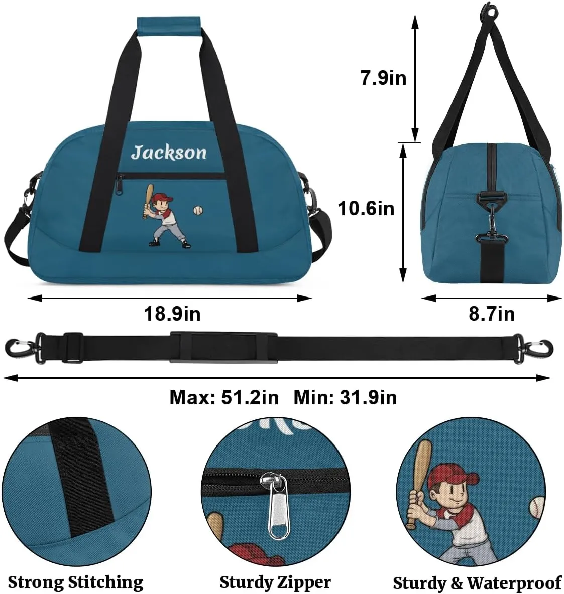 Personalized Baseball Gym Duffel Bags for Boys Kids Child Custom Name Sport Travel Bags Lightweight Weekenders Carry-On Overnight