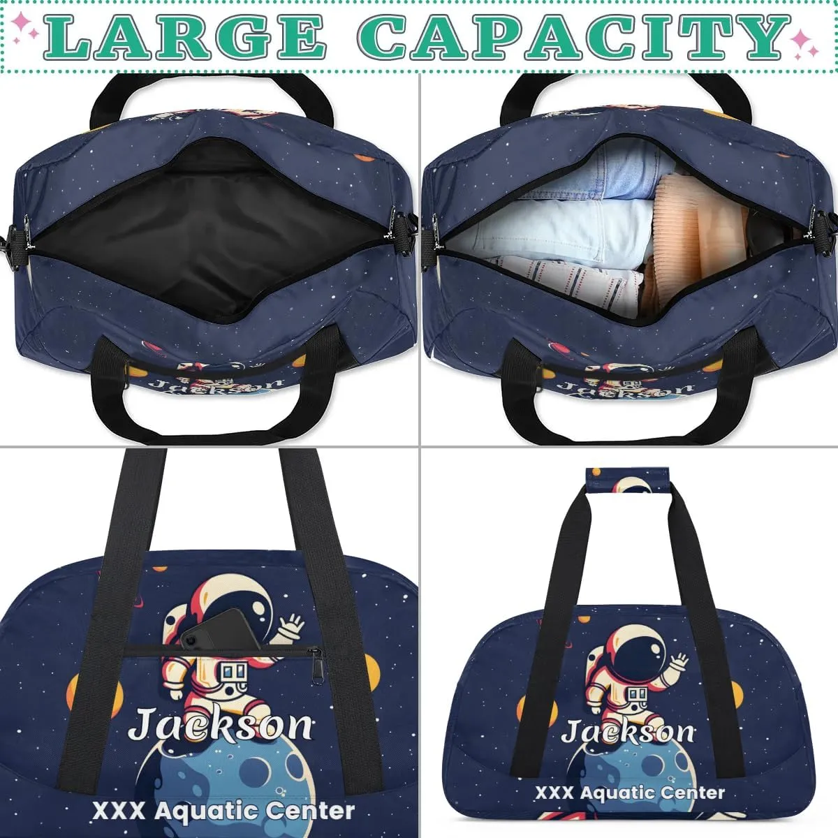Personalized Cool Astronaut Gym Duffel Bags for Kids Boys with Custom Name Sport Training Travel Bags for Overnight Weekender - Blue