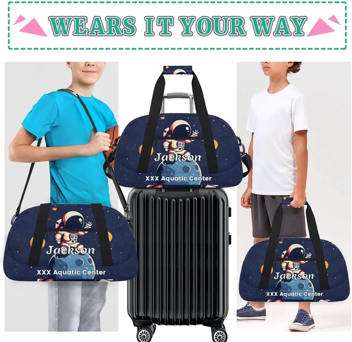 Personalized Cool Astronaut Gym Duffel Bags for Kids Boys with Custom Name Sport Training Travel Bags for Overnight Weekender - Blue