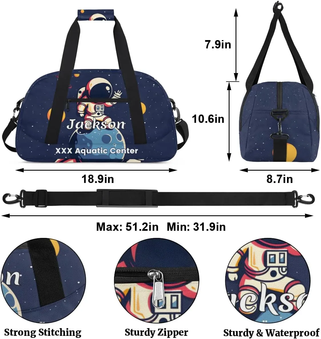 Personalized Cool Astronaut Gym Duffel Bags for Kids Boys with Custom Name Sport Training Travel Bags for Overnight Weekender - Blue