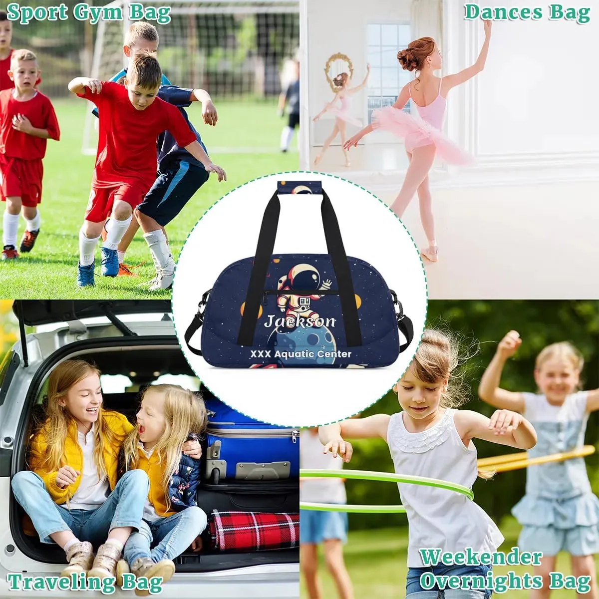 Personalized Cool Astronaut Gym Duffel Bags for Kids Boys with Custom Name Sport Training Travel Bags for Overnight Weekender - Blue