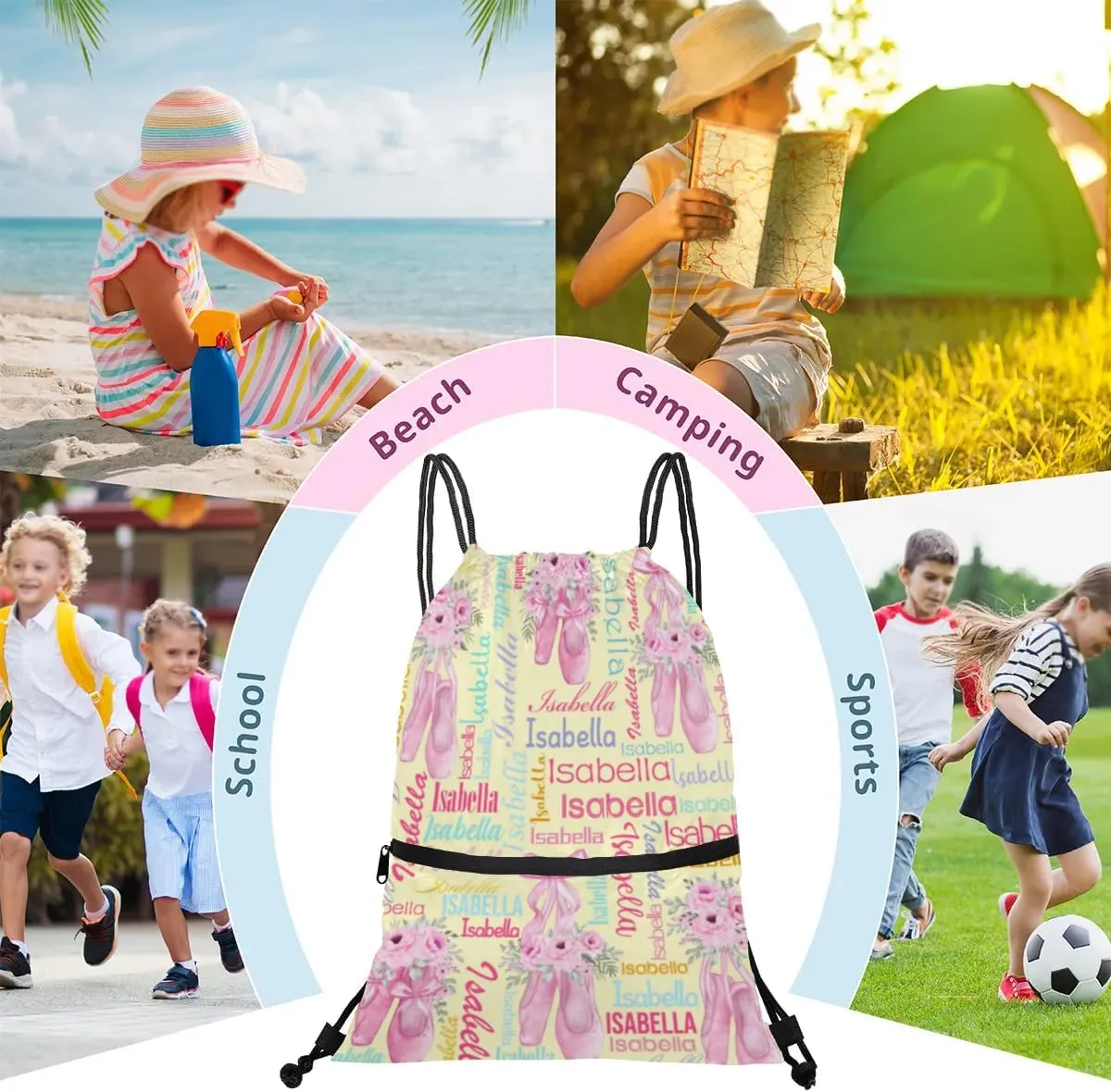 Personalized Drawstring Backpack Dance Bag Gymnastics Bag for Girl, Custom Sport Sackpack String Gym Bag Weekender Bags for Boy Ballet Shoes Yellow