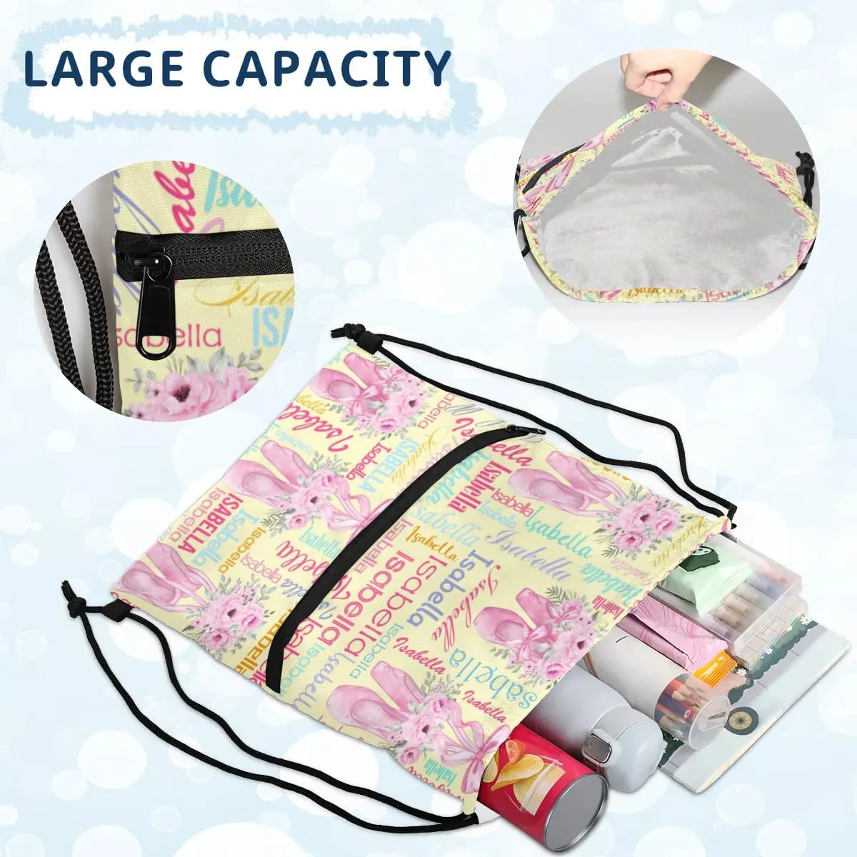 Personalized Drawstring Backpack Dance Bag Gymnastics Bag for Girl, Custom Sport Sackpack String Gym Bag Weekender Bags for Boy Ballet Shoes Yellow