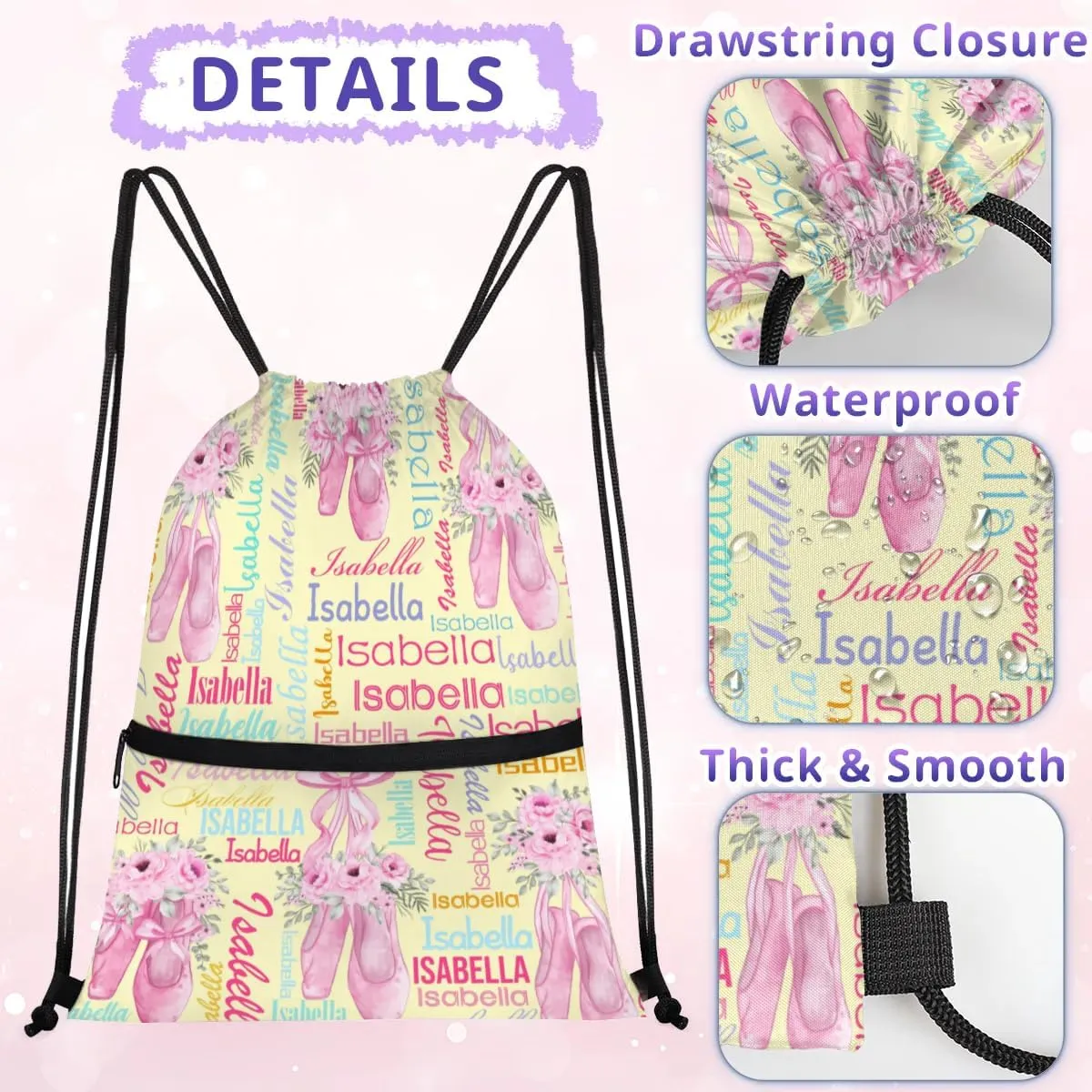 Personalized Drawstring Backpack Dance Bag Gymnastics Bag for Girl, Custom Sport Sackpack String Gym Bag Weekender Bags for Boy Ballet Shoes Yellow